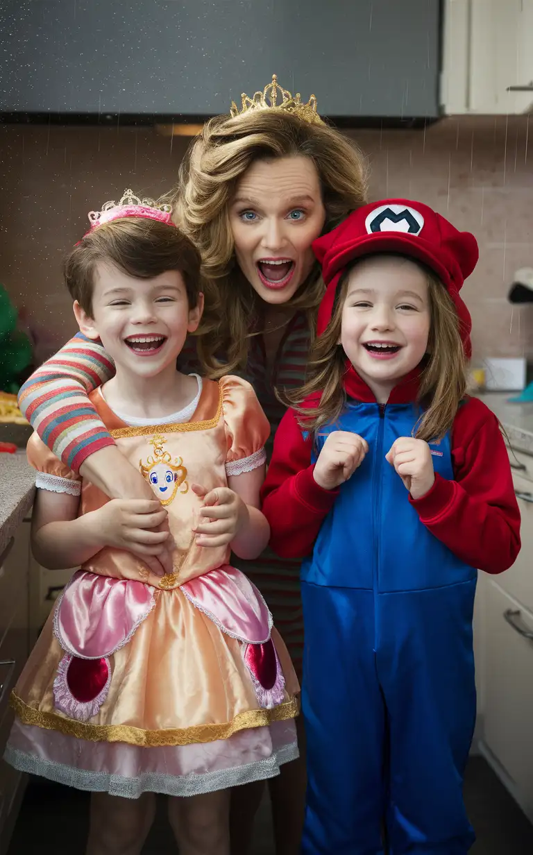 Gender role-reversal, Photograph of a mother dressing her young son, a boy age 8 with short hair, up in a Princess Peach dress, and she is dressing her young daughter, a girl age 7 with long hair in a ponytail, up in a Super Mario suit, in a kitchen for fun to keep the kids entertained on a rainy day, adorable, perfect children faces, perfect faces, clear faces, perfect eyes, perfect noses, smooth skin