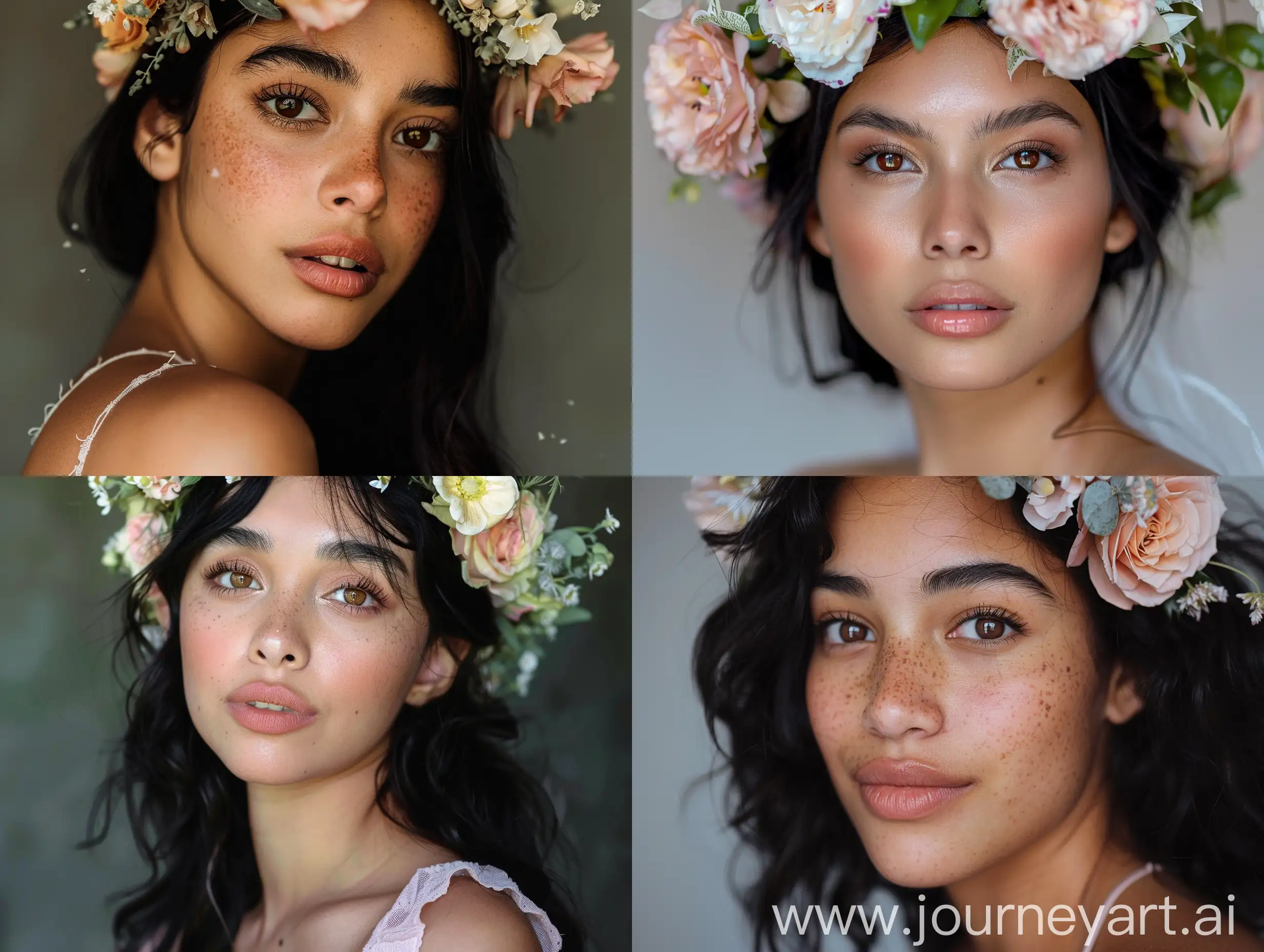 coraima torres actress with  fair brown eyes and dark black hair and  wears flower crown