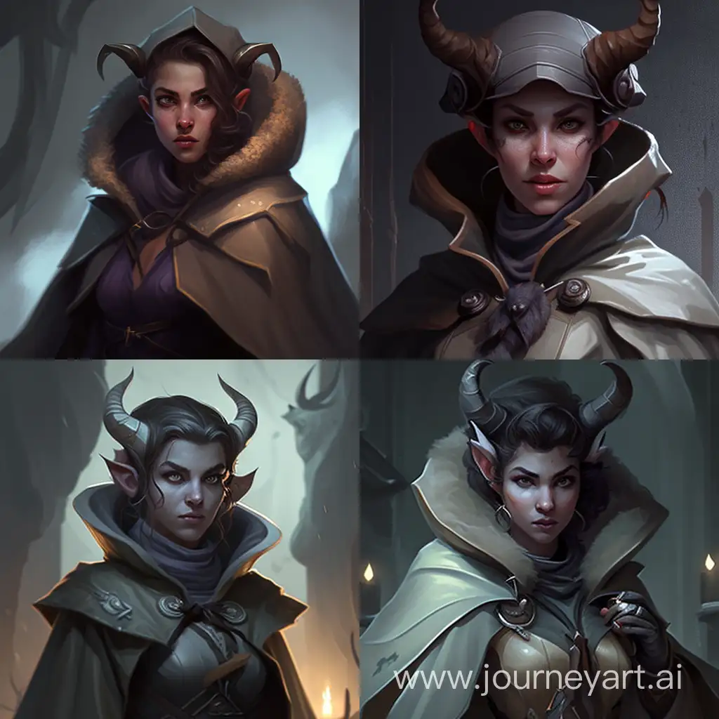 cute tiefling female warlock dressed in a gray robe with hood and with short rounded horns in art style
