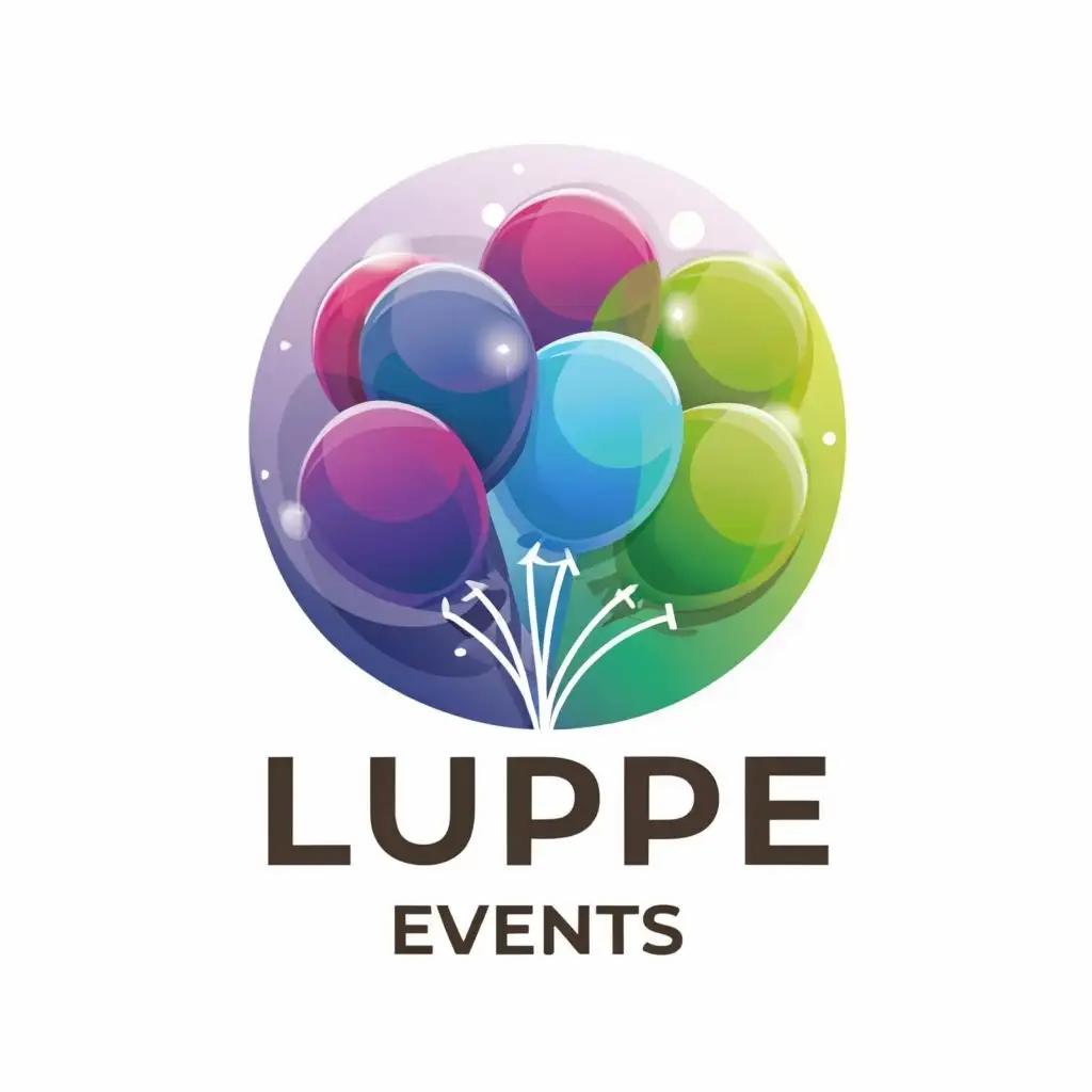 logo, A circular color base of violet and green gradient, that appears balloons or a shape similar to balloons, paint and that represents fun and birthdays. Make it elegant and in pastel tones, with the text "LUPE events", typography, be used in Events industry