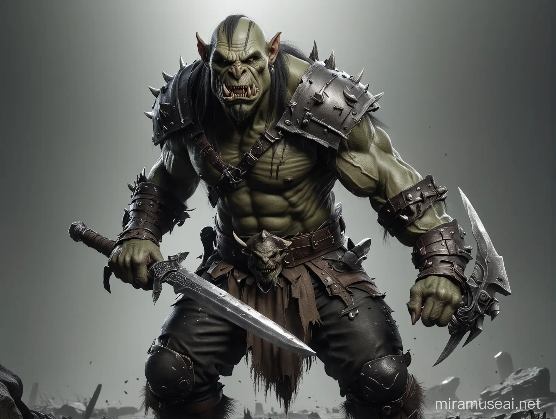 photo realistic scary orc holding a large sword