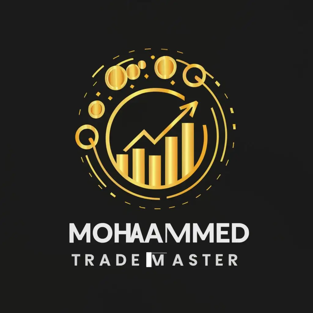 logo, TRADING PROGRAM WITH STOCK CHART IN GOLD AND BLACK AND COINS and money IN CIRCLE LOGO, with the text "MOHAMMED TRADEMASTER", typography, be used in Finance industry