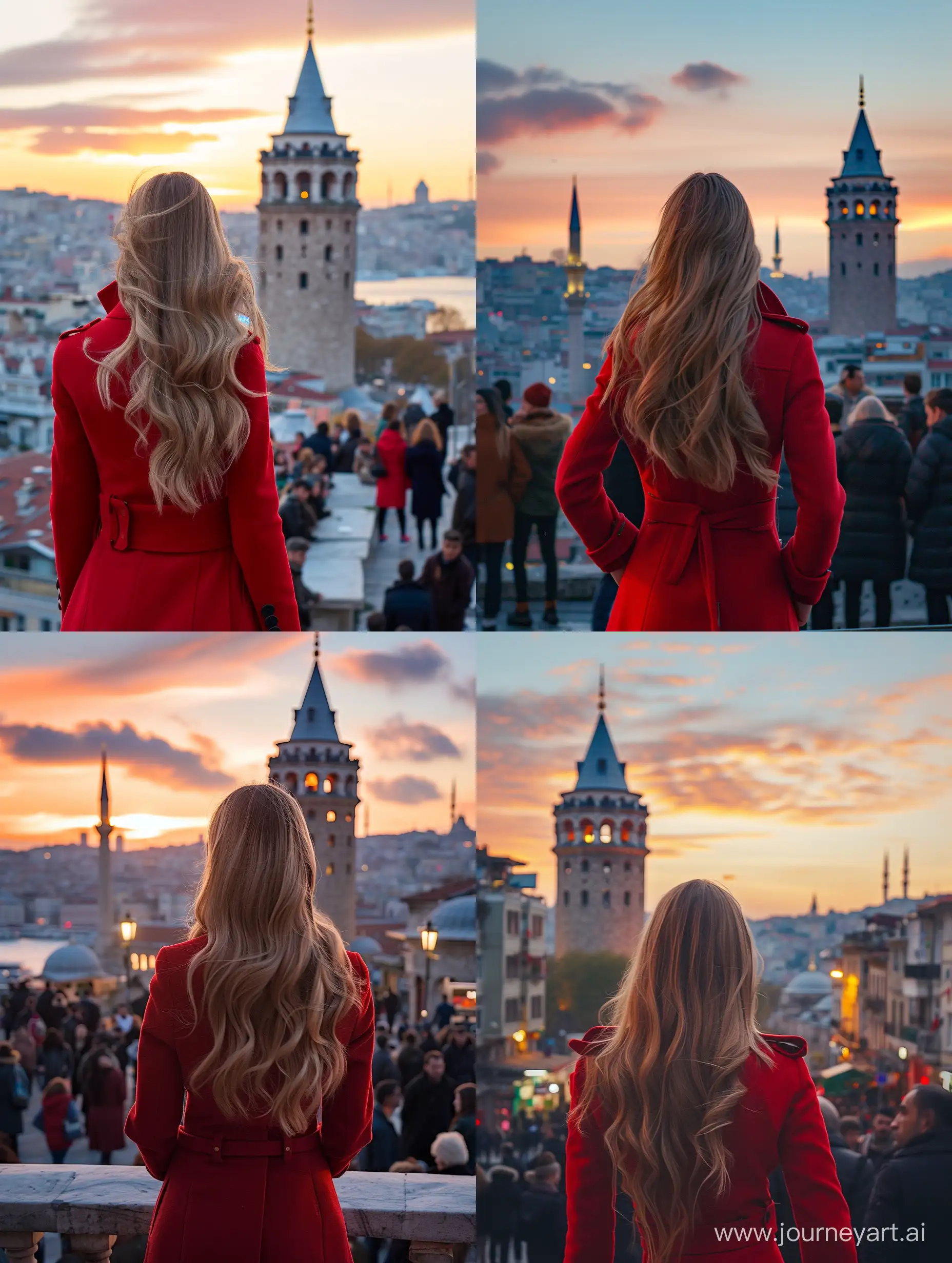 woman in a red coat, standing with her back, long hair, blonde, looking at the Galata Tower, many people, evening, beautiful sunset --v 6 --ar 3:4 --no 55246