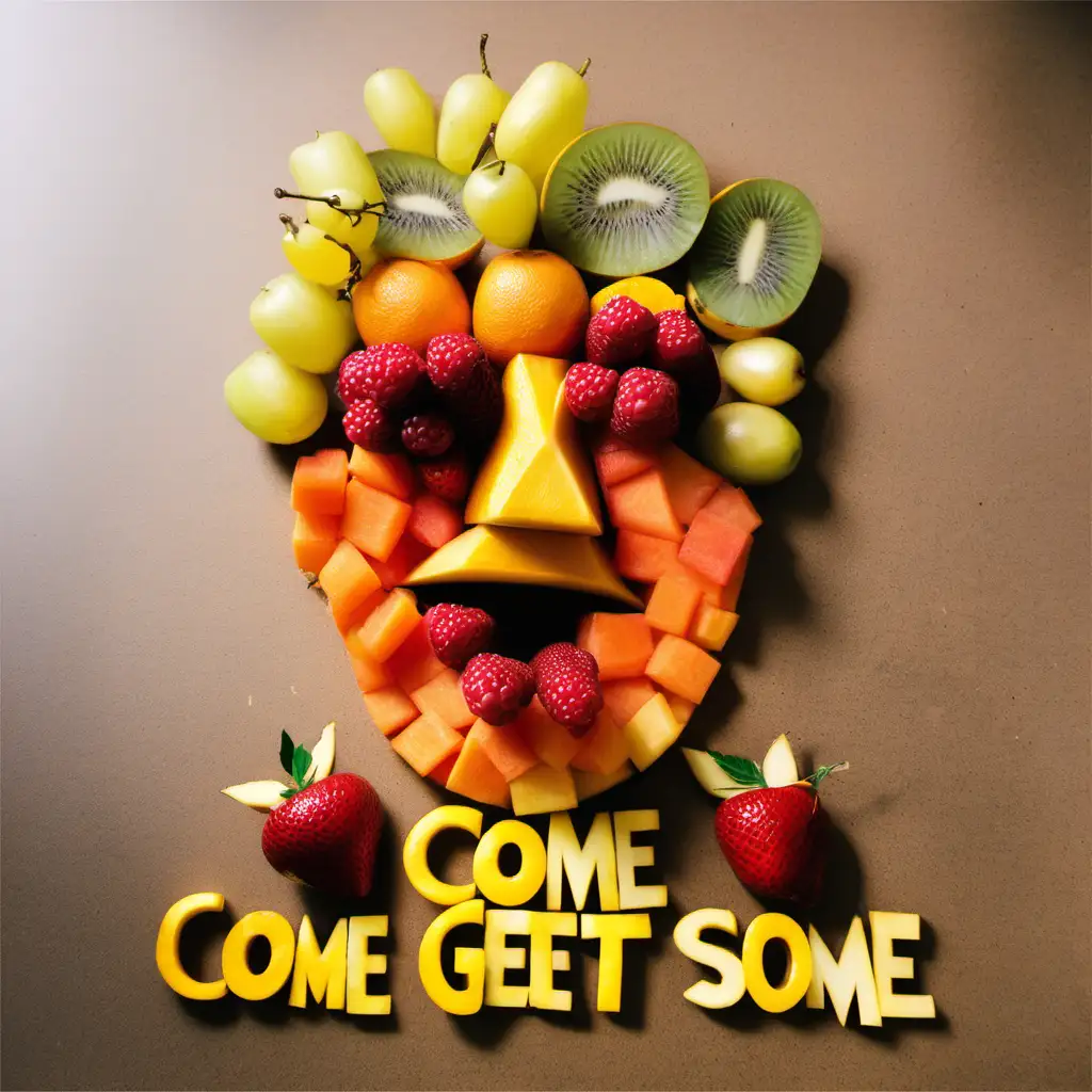Person made out of fruit saying "Come Get Some"