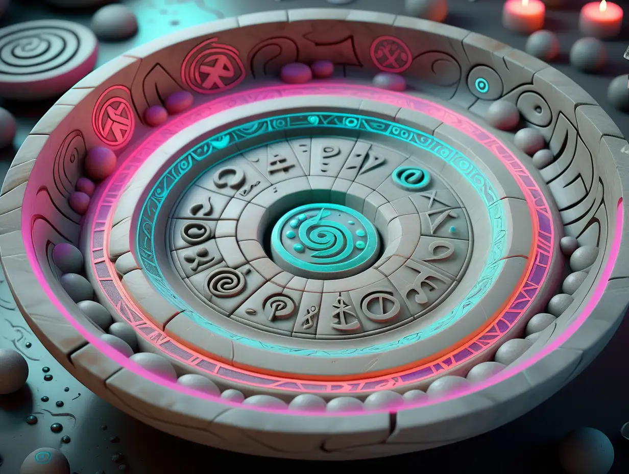 a shallow stone bowl carved with runes and symbols, the Pensieve. filled with memories that appeared like a silvery vapour. Psychedelic, Neon. bubbles and orbs. marble. neon. holographic. very intricately and microscopically detailed. ultra realistic blender sfm textures.