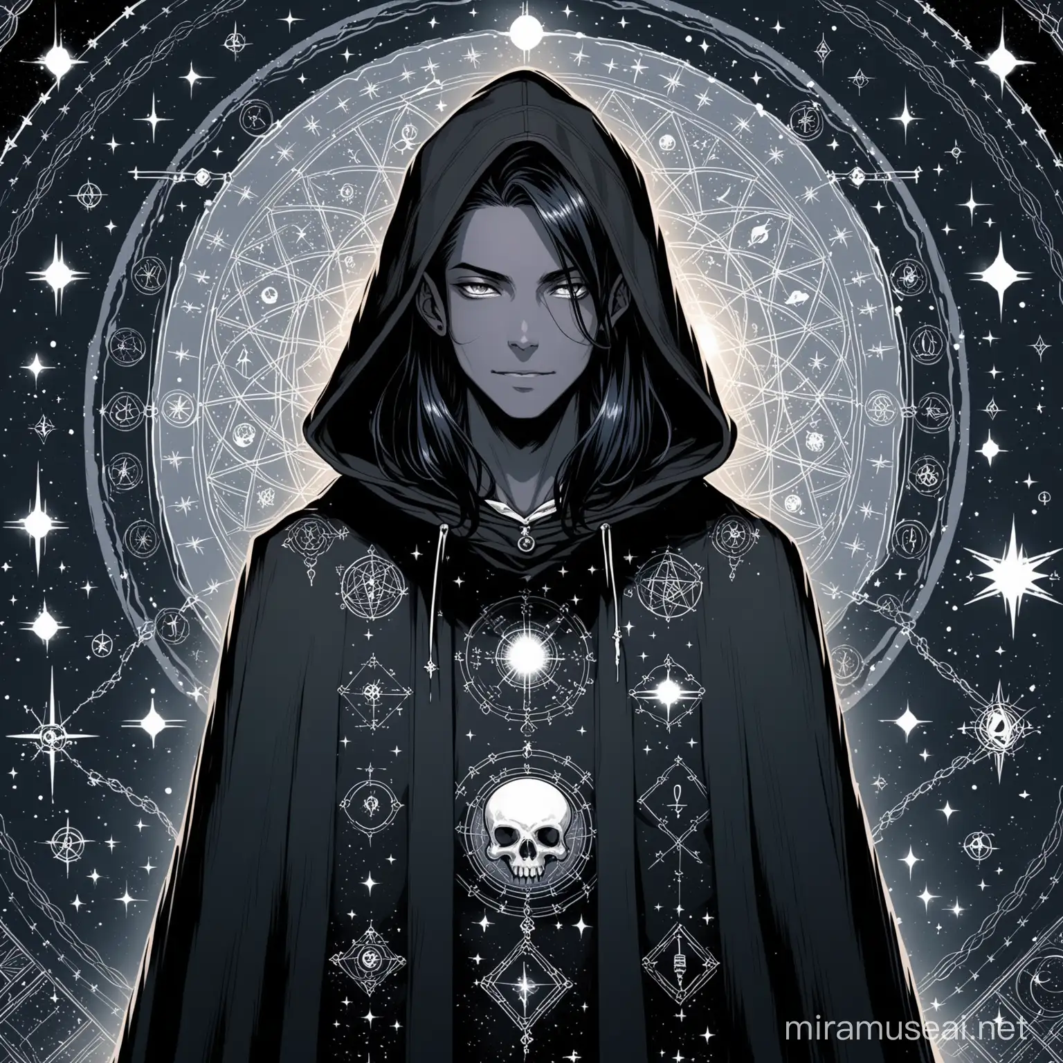 Androgynous man, grey skin, long black hair, alchemist, hood, cloak, patterned with alchemical/astrological symobls.