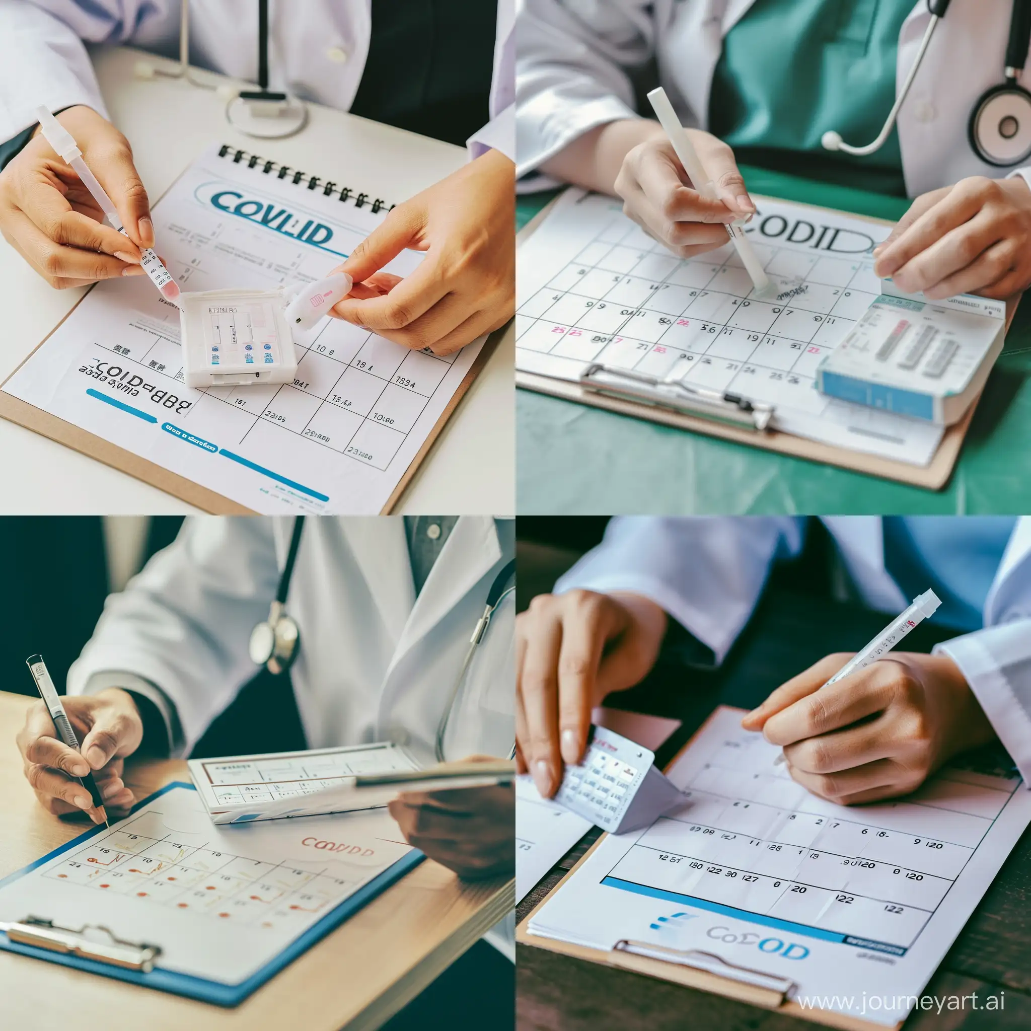 A stock photo of a healthcare professional examining a calendar and a COVID test kit, symbolizing the importance of checking expiration dates. Primary color #2596be, friendly and professional mood, centered composition. Created Using: Professional photography, clear and readable font, high-contrast imagery, engaging and friendly visual approach, HD quality, natural look