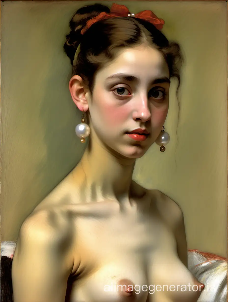 Degas detailed oil painting of a very big-busted, very beautiful skinny nude Colombian princess, pearl earrings, with underarm hair, with very thick eyebrows, looking straight, front view, very cute face, rosy cheeks, digital art