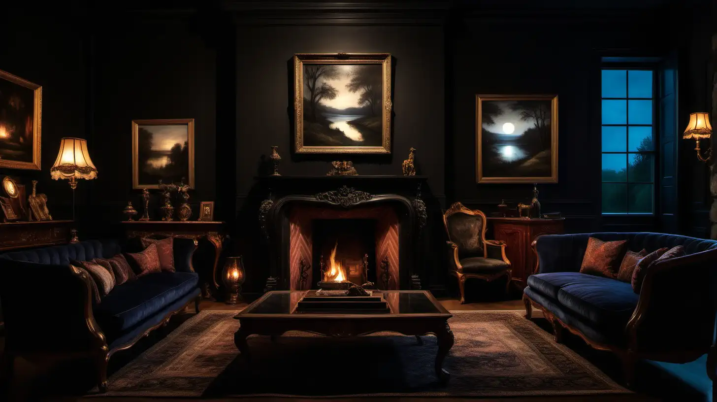 A luxurious dark living room at night, one large square window, fireplace, landscape painting above the fireplace, Victorian furniture. Photographic quality.