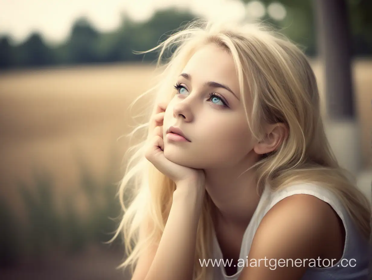 high quality digital photo, beautiful blonde girl, day dreaming, staring off into the distance wide