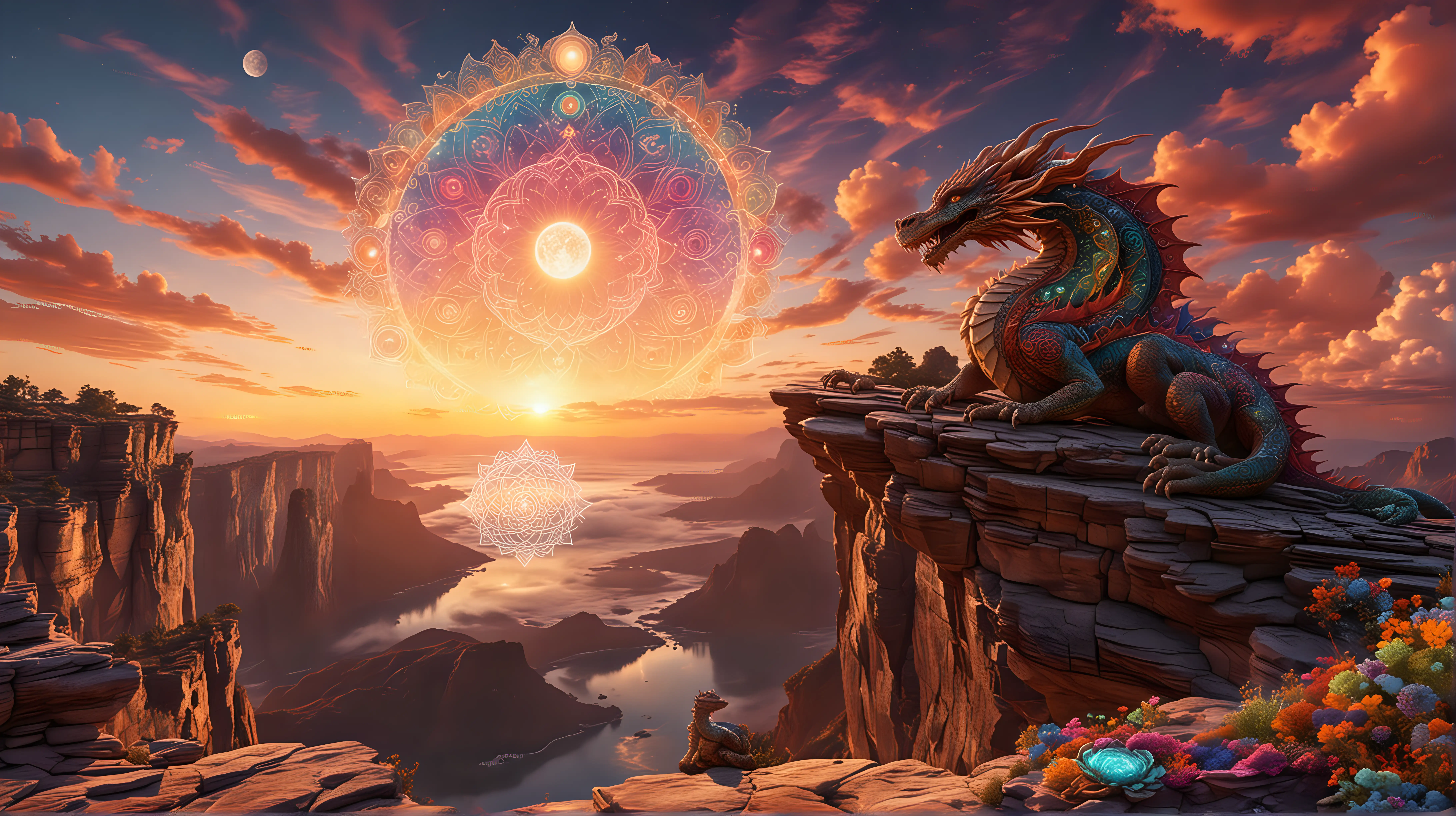 Psychedelic DMT visual on top of a scenic cliff on the edge of the universe at sunset with both the sun and moon visible. The clouds are shaped like dragons and there 7 glowing chakra mandalas in the sky
