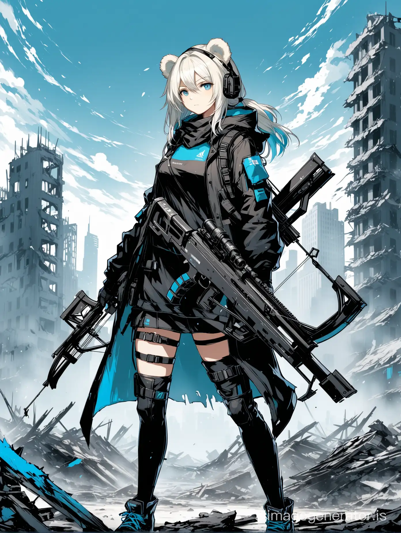 Arknights, (((Arknights))) ursus girl, bear ears,platinum hair, with a crossbow, against the background of destroyed city, (((black clothes with blue elements)))