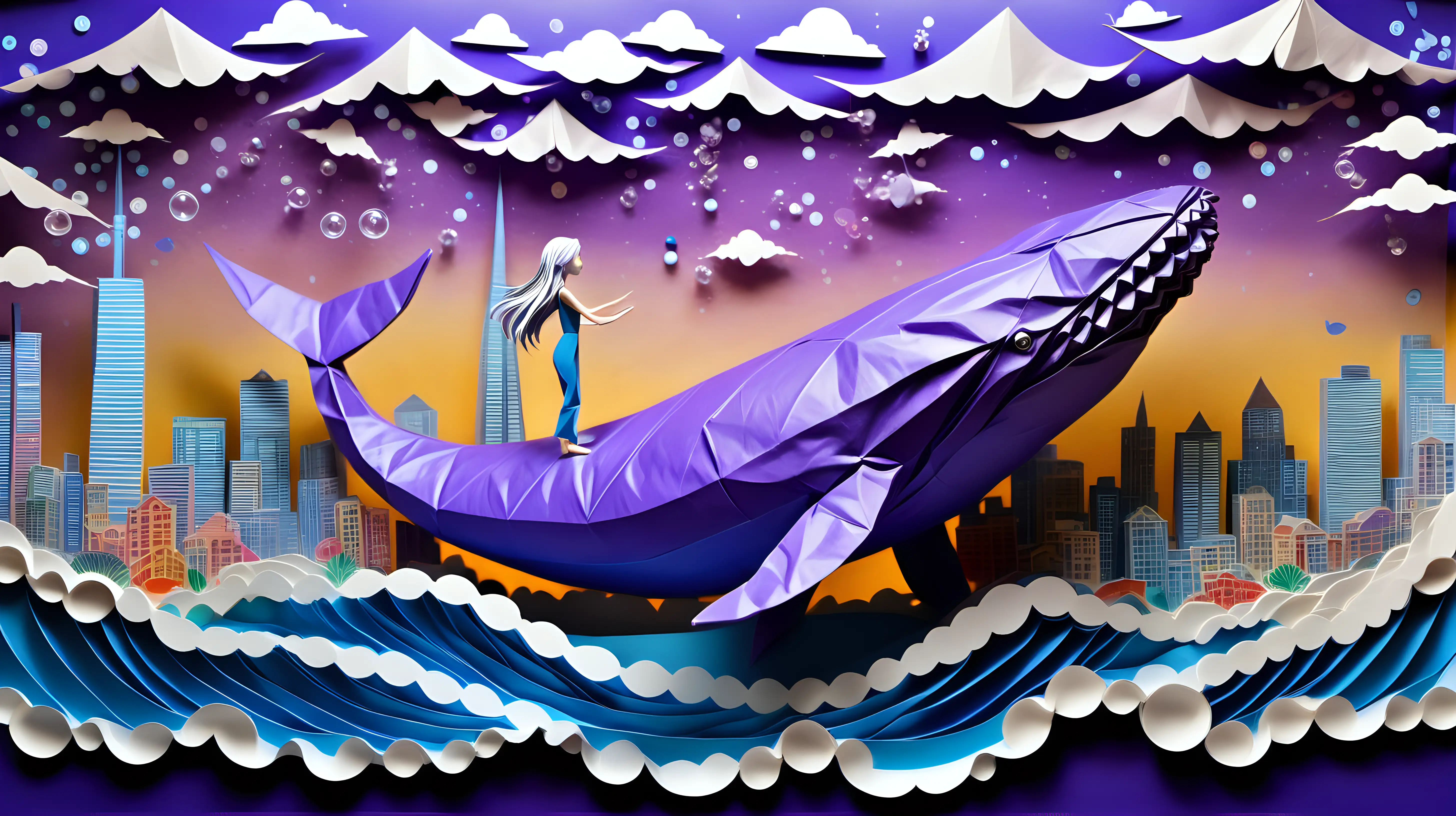 Abstract art paper art origami DIORAMA, ghibli inspired painting of a beautiful enchanting silver-haired, blue-eyed, 18 YEAR OLD GIRL, playing with a big purple whale in tokyo skyline, with clouds like waves and bubbles and sunshine