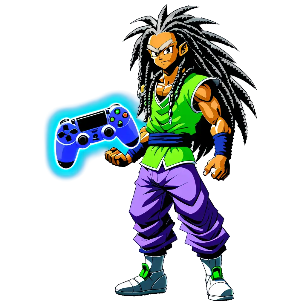 In the style of dragon Ball z anime, create a powerful black man with long dreadlocks with a PS4 controller floating near him for his clothes only use the  colors of neon green metallic purple black and grey for his clothes with a powerful aura around him with the same colors 