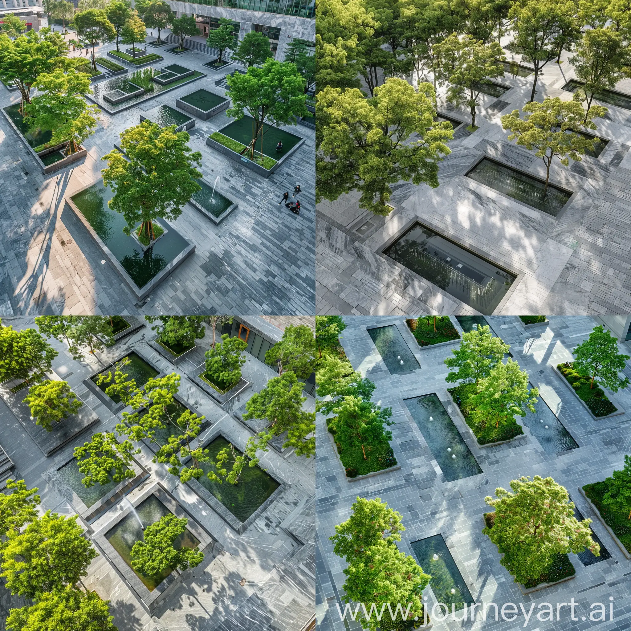 Городская площадь Площадь с зелеными деревьями серые мраморные небольшие прямоугольные бассейны и в них фонтаны