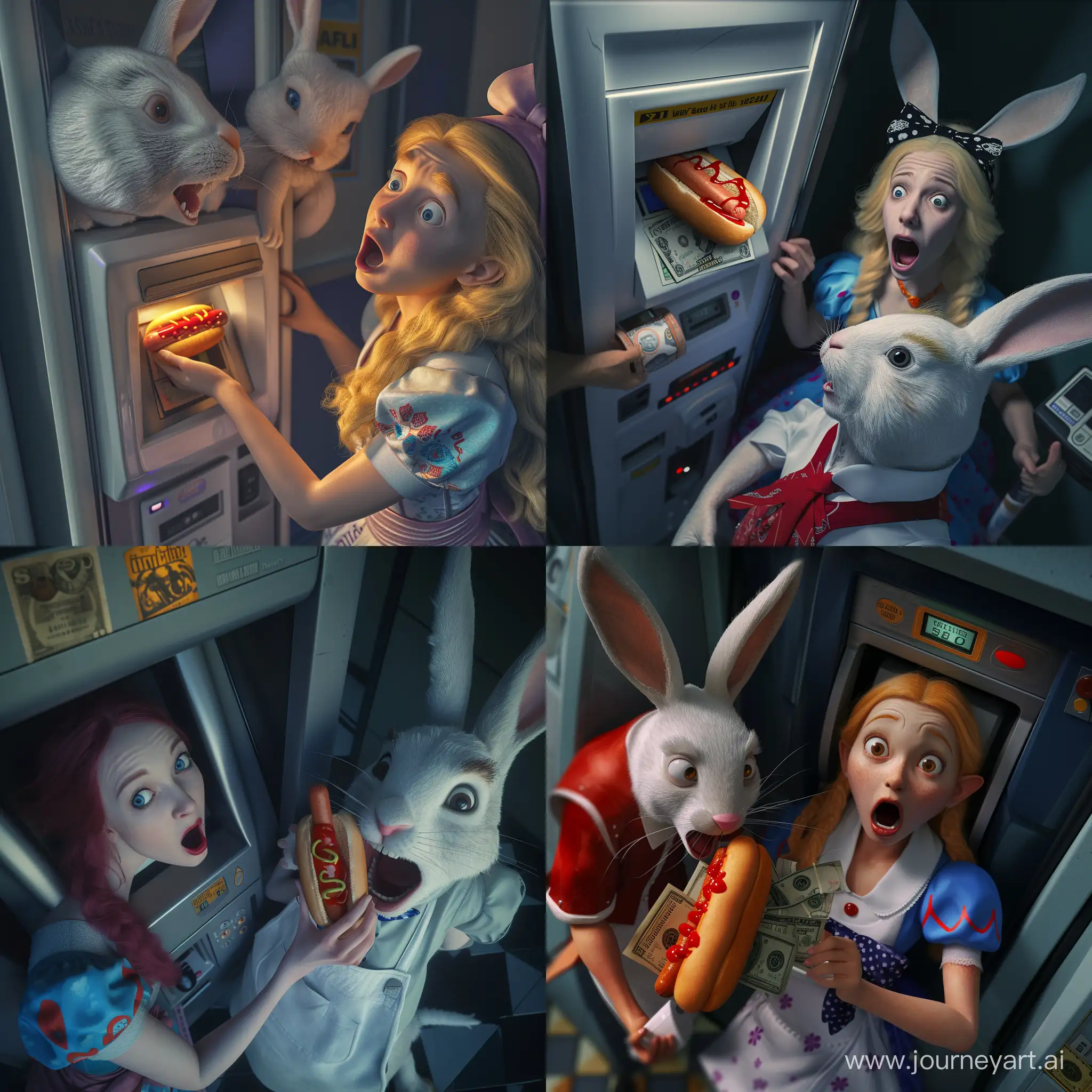 Realistic photo, top view, security camera style, Alice in wonderland is taking money from the ATM, she is surprised and she looks into the camera, close to her add the White Rabbit indulging in a hot dog while the rabbit is screaming because he got ketchup on his white shirt, photorealism, cinematic lighting, 8k