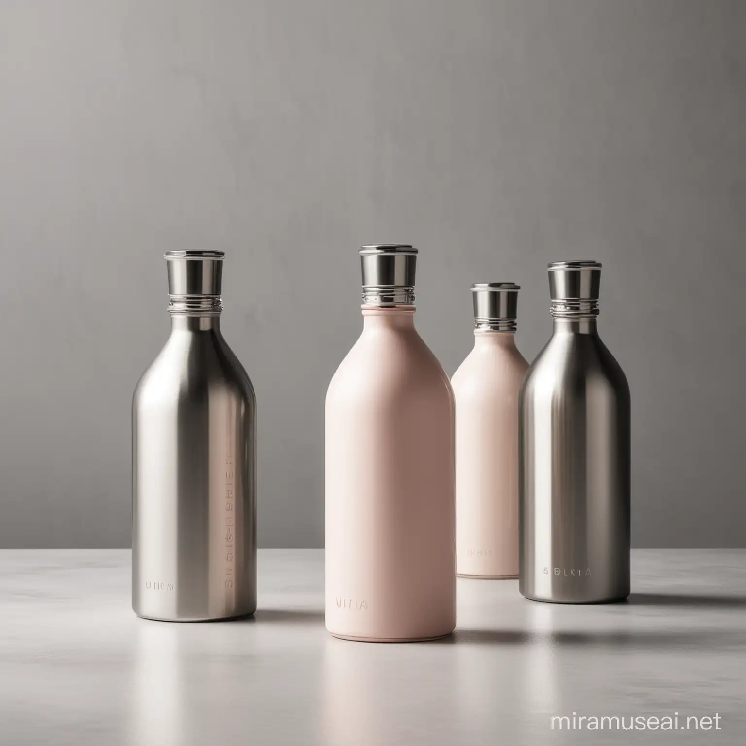 urban bottle design with feminine details and industrial accents to make the fragrance bottle modern and bold in a neutral setting with soft color palette, sleek accents of metal with touches of NYC