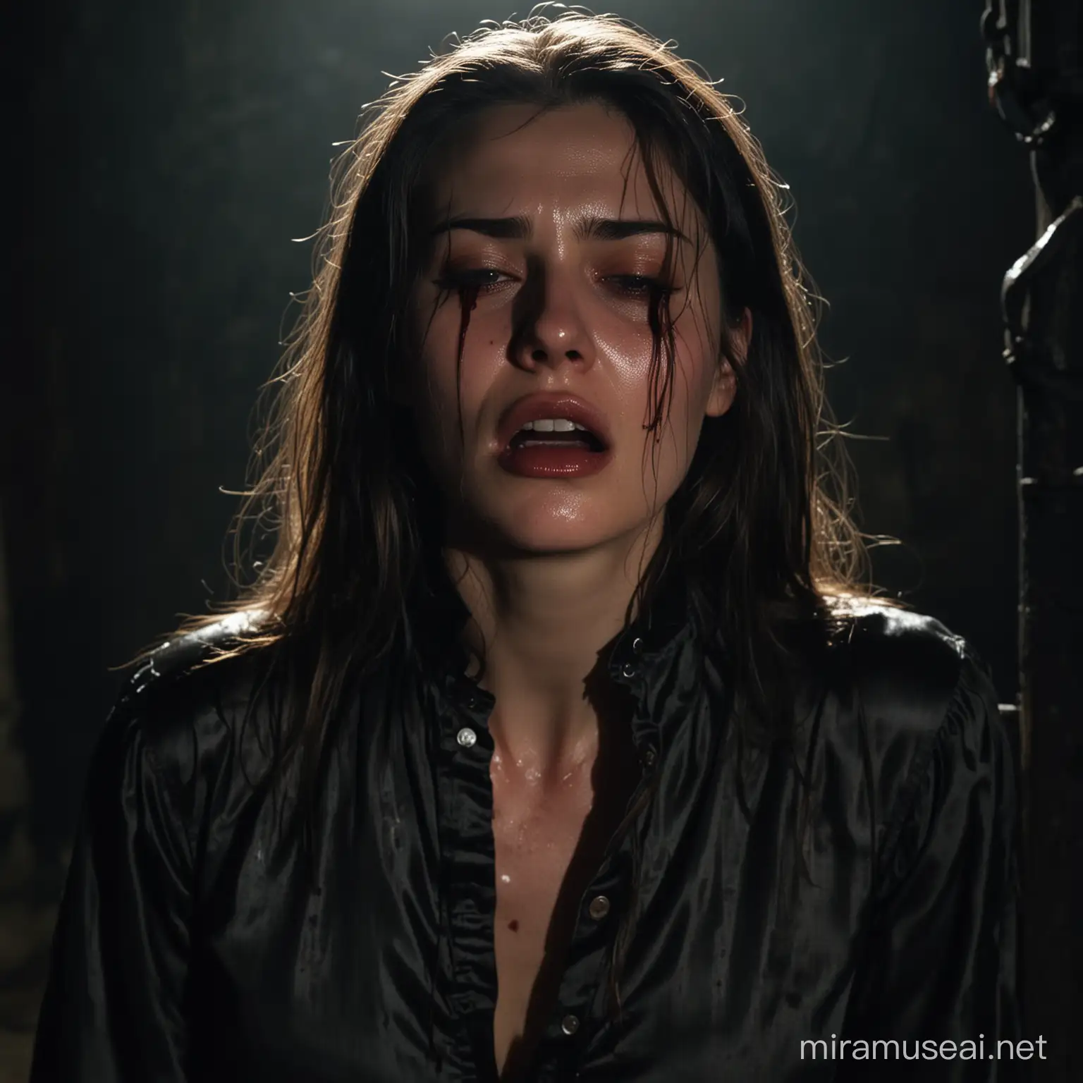 A gorgeous model is being tortured. She wears a long sleeve satin blouse. She is in a dark dungeon lit only by torchlight. She is crying in agony and sweaty. Her blouse is torn and dirty. Her lips are dry and cracked. No makeup. No lipstick. Her face is beaten and bloody. Dark circles are under her puffy eyes.