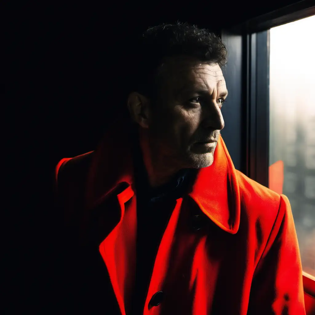 Stylish Man in Red Coat Contemplating City Lights at Night