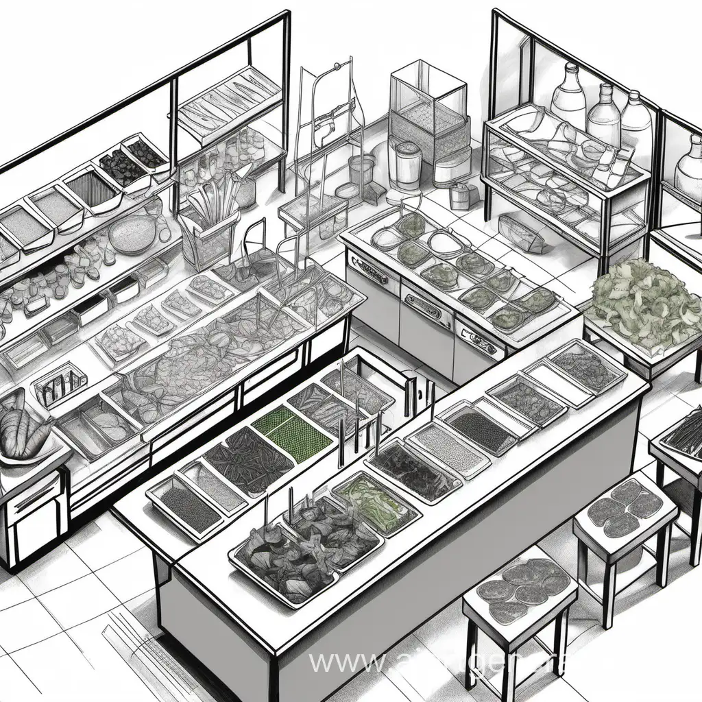 a diagram or drawing with the placement of equipment, tools, glass, accessories, etc. for a salad bar in black and white