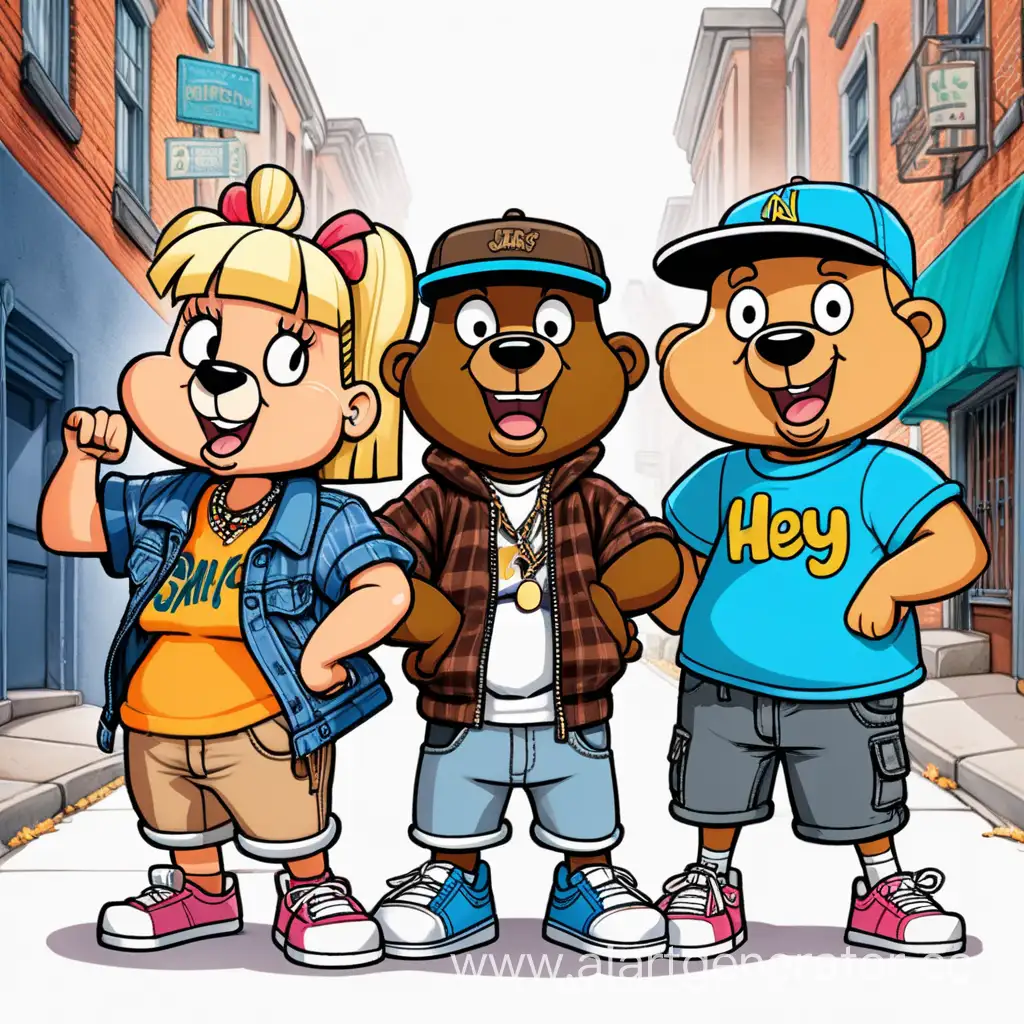 Three bears on the street two male and one female in hip-hop clothes, picture style cartoon Hey Arnold,