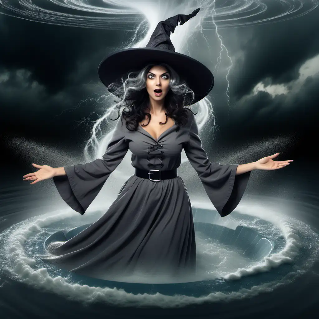 pretty Portuguese woman, gray witch costume, gray witch hat, flying inside a whirlpool, tornado, storm, night