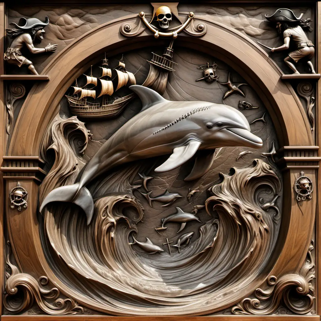 bas-relief, of a dolphin, jumping out of the water, next to a pirate ship
