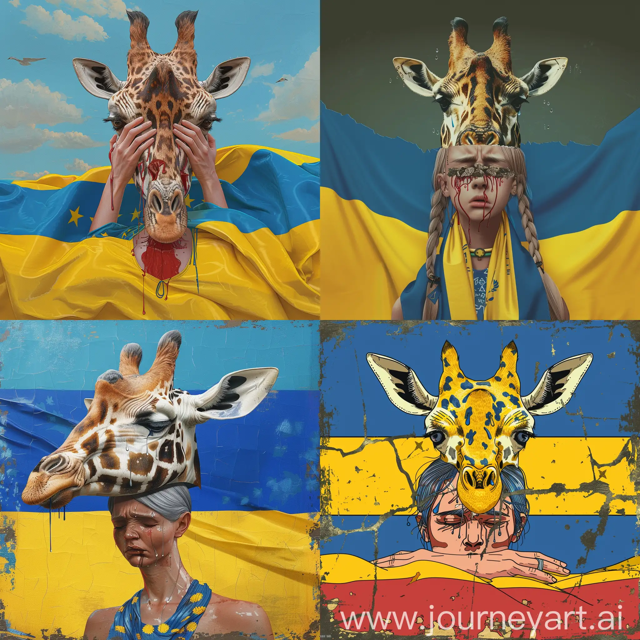 create a girl with the head of a giraffe crying over the flag of Ukraine