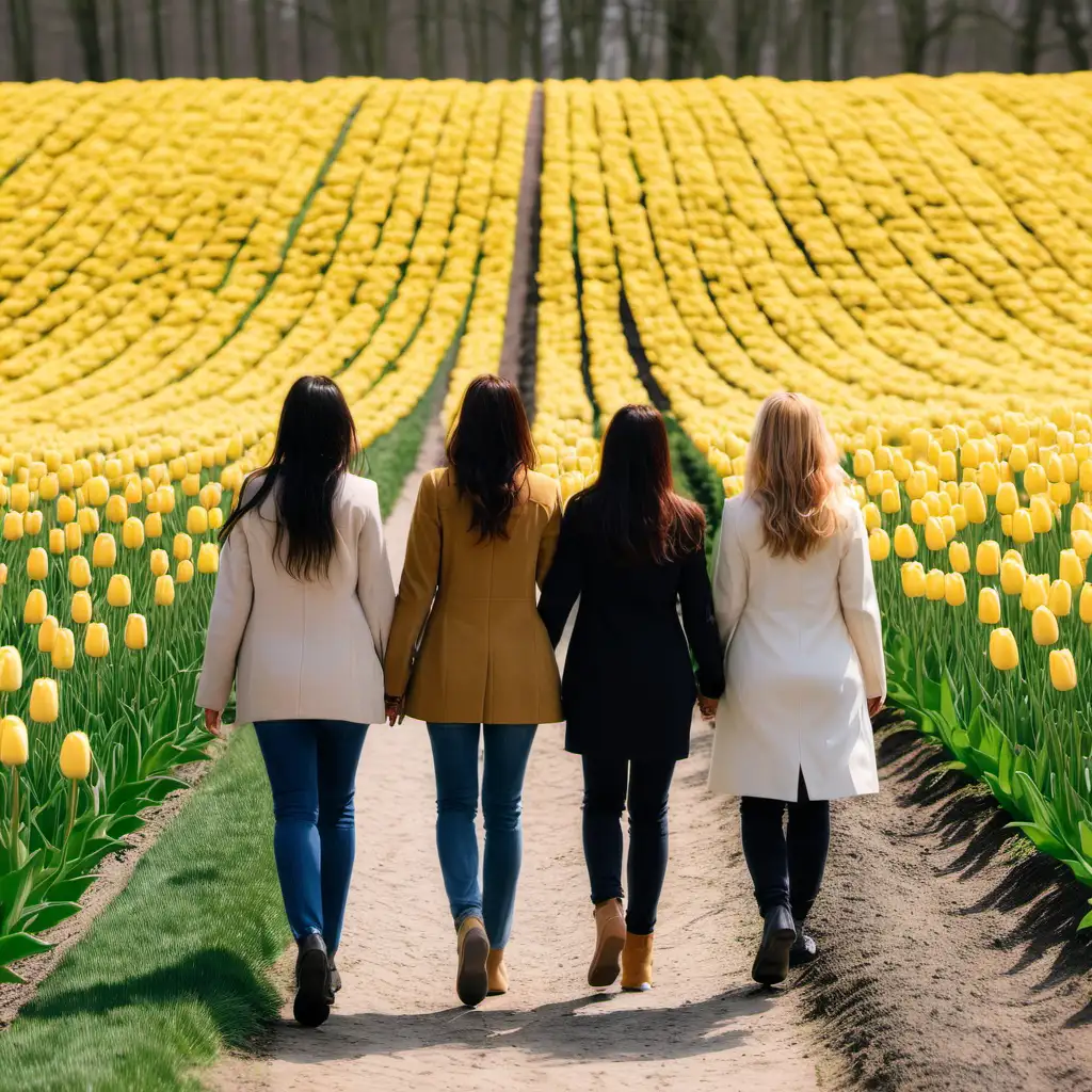 View from behind, four women walking hand in hand in a field of yellow tulips