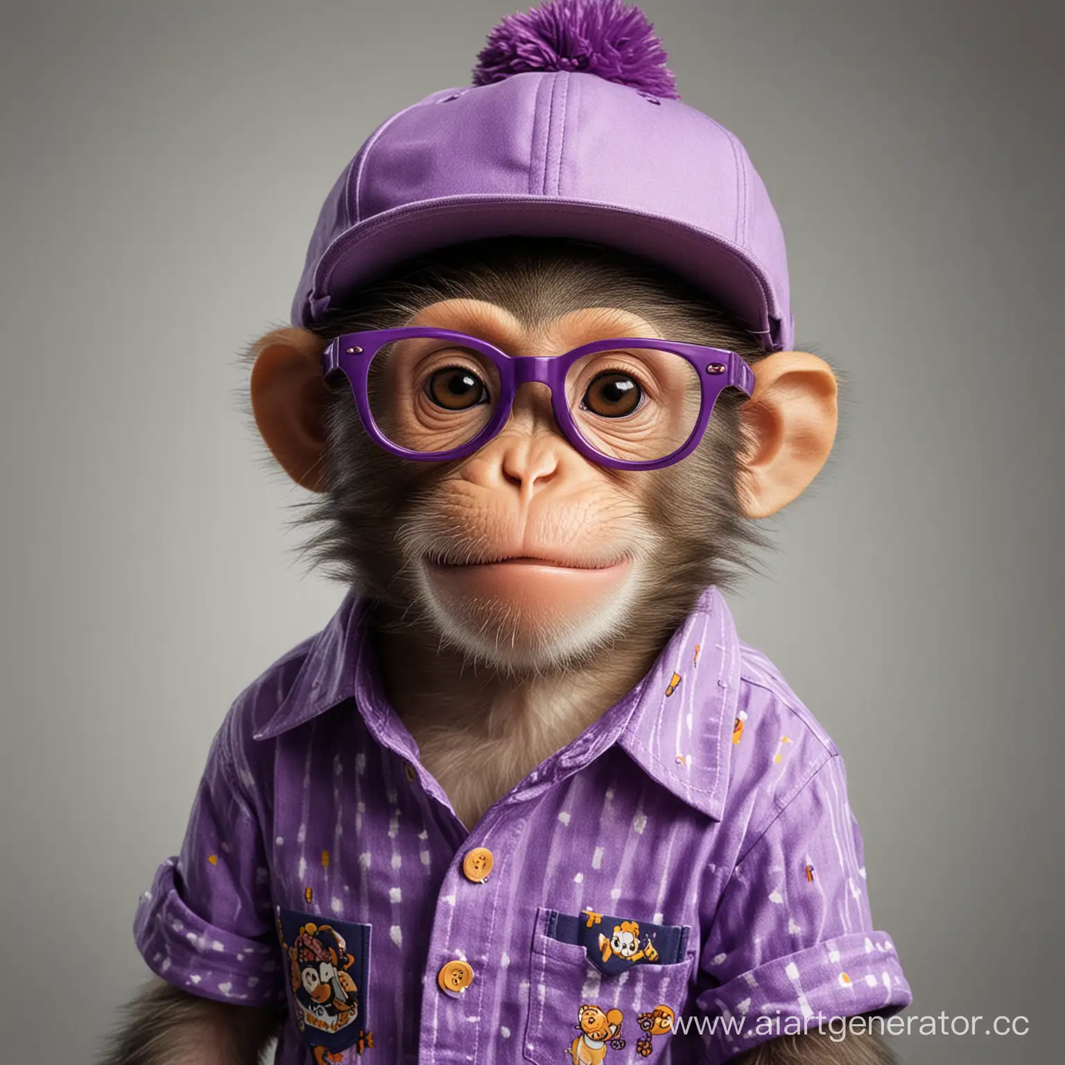 обезьяна в кепке фиолетового цвета и в очках и рубашке

