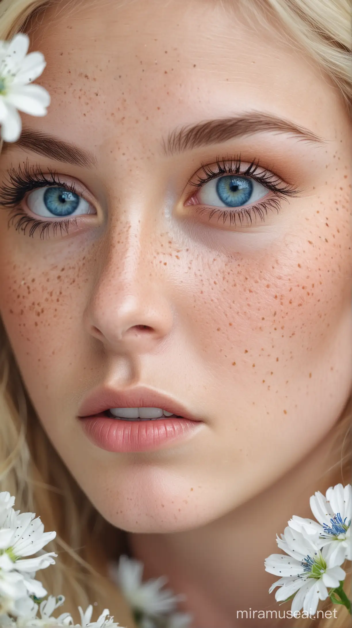 Blonde Woman with Blue Eyes Surrounded by Spring Flowers CloseUp Portrait