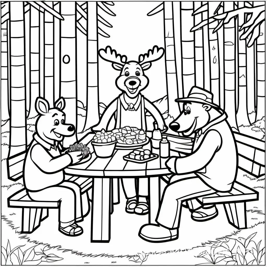 white background, black outlines, a moose and yogi bear eating at a picnic table with a bear in the woods, inside a circle, isolated in white space, Coloring Page, black and white, line art, white background, Simplicity, Ample White Space. The background of the coloring page is plain white to make it easy for young children to color within the lines. The outlines of all the subjects are easy to distinguish, making it simple for kids to color without too much difficulty