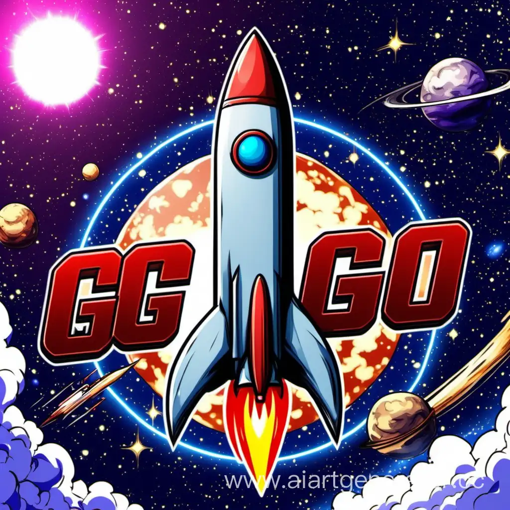 надпись  GG по центру
 на космическом  фоне в стиле аниме с ракетой на заднем плане