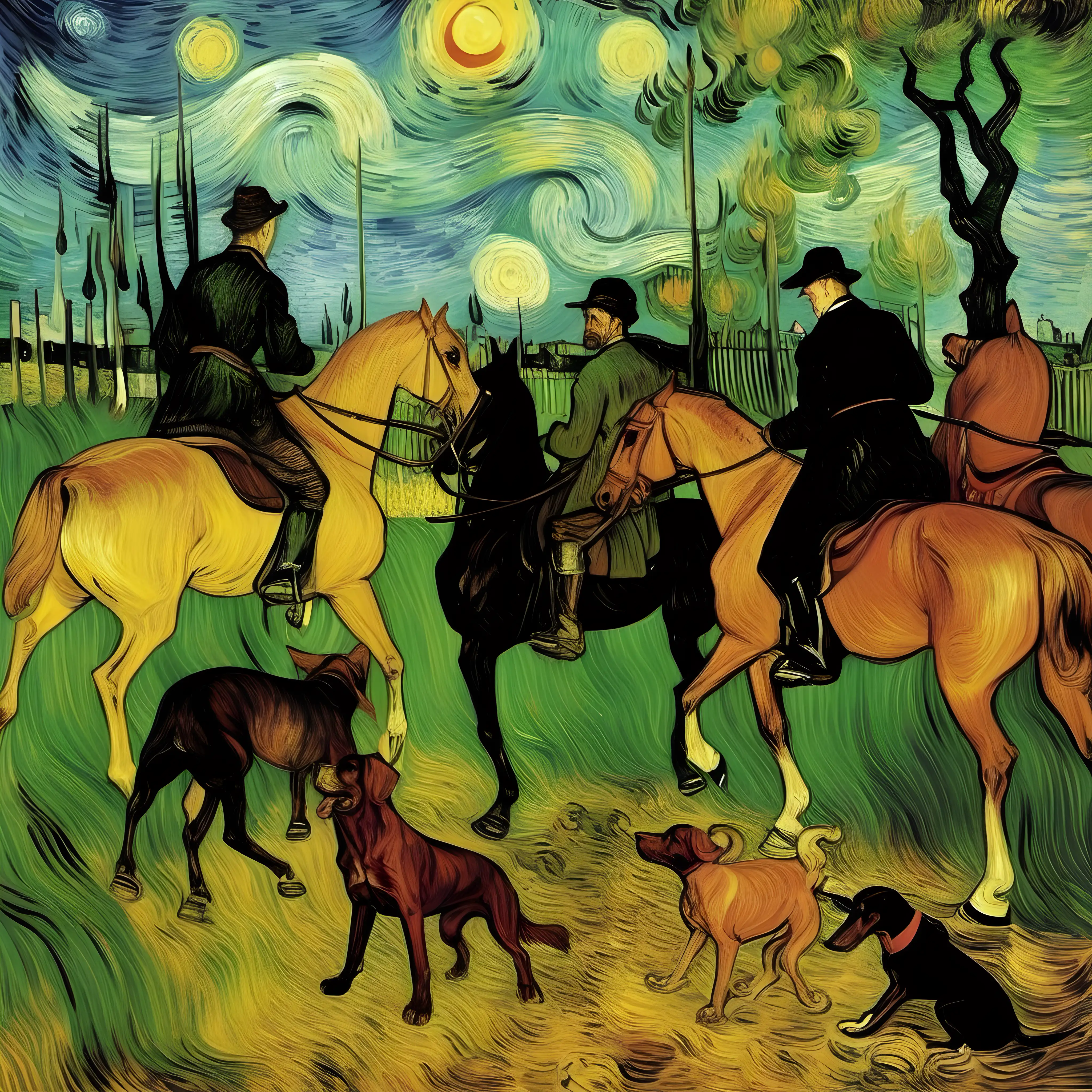/imagine prompt van gogh ENGLISH HUNTING SCENE WITH  HORSES DOGS
