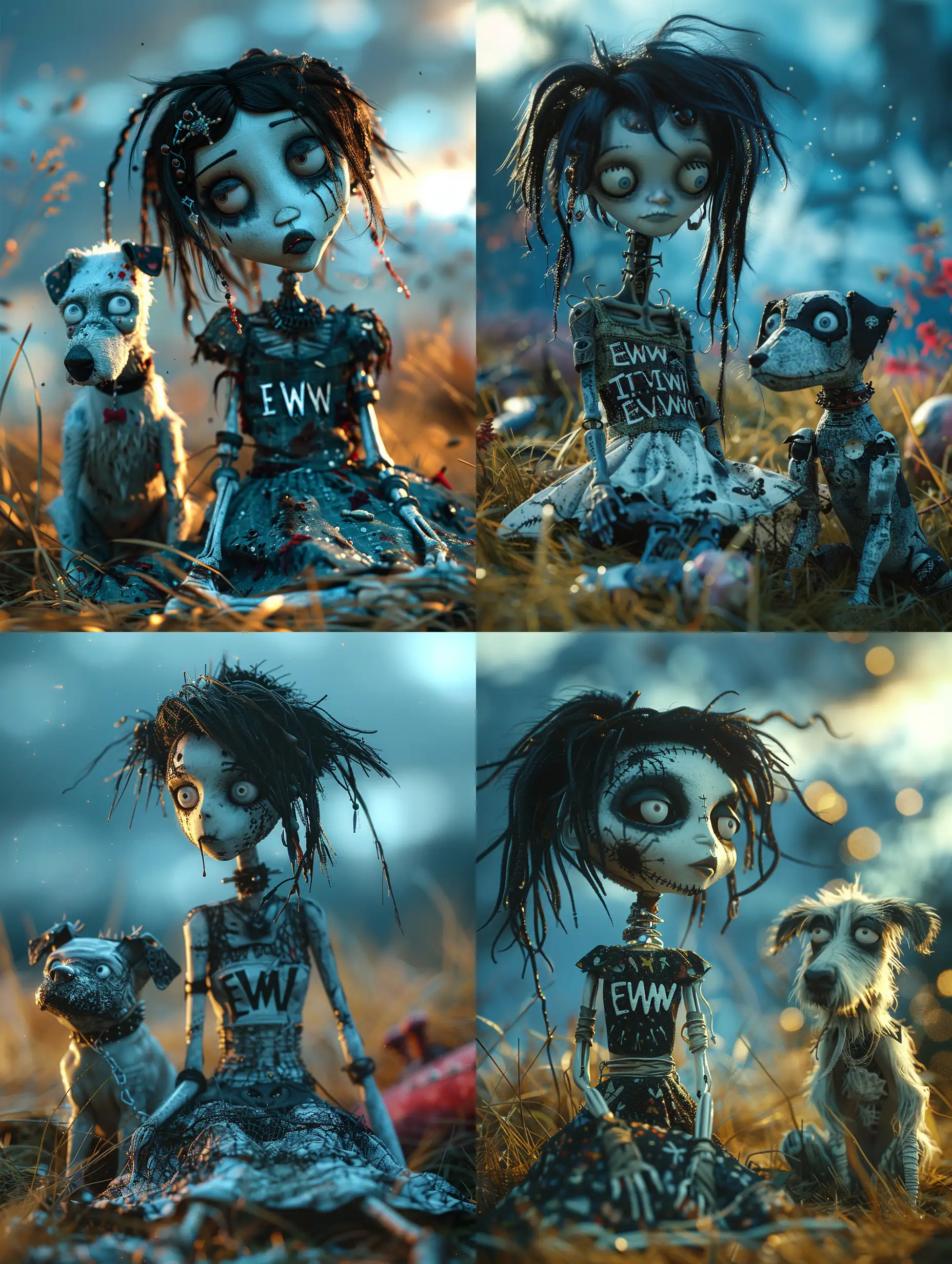 Prompt/Imagine ultra wide shot, a 3D model, a fantasy vodoo doll in the style of Tim Burton, with black hair and pale skin and with a dress with the inscription "EWW", sits in a field grass, next to her sits a dog like Frankenweenie, against an ultra-realistic background with high details and surreal elements. Tim burton animation, tim burton movie, vermillion and blue, beautiful light, --stylize 250 --style raw --v 6
