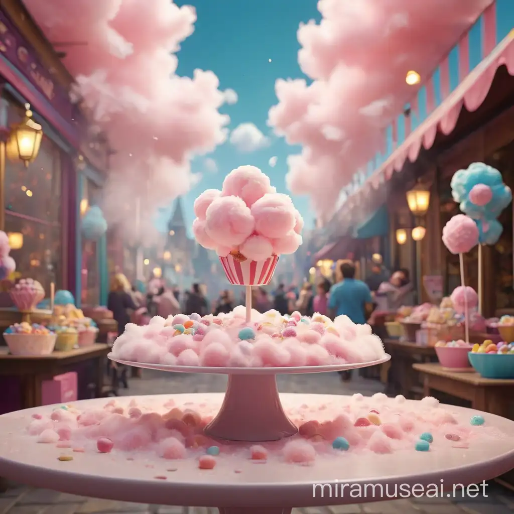 a 3d image focusing a table in front having background of candy floss with a background of wonderland
