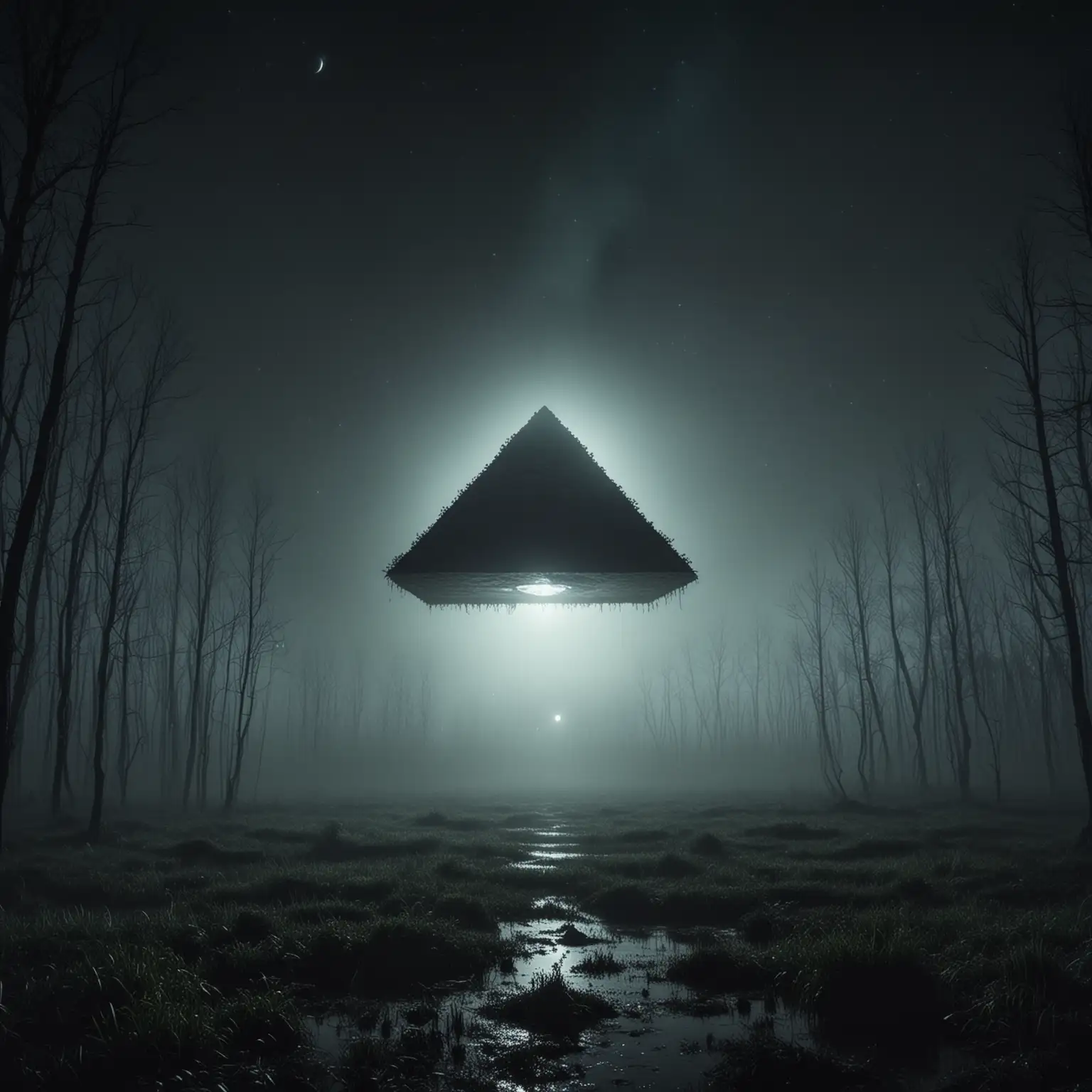 ufo w kształcie piraminy na niebie, ciemny las nocą, bagna, mgła, atmosfera horroru