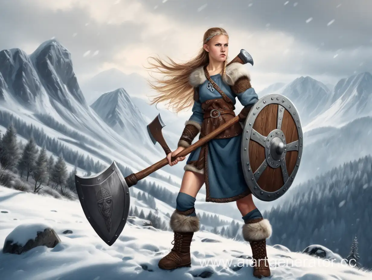 девушка викинг с топором и щитом зимой в горах