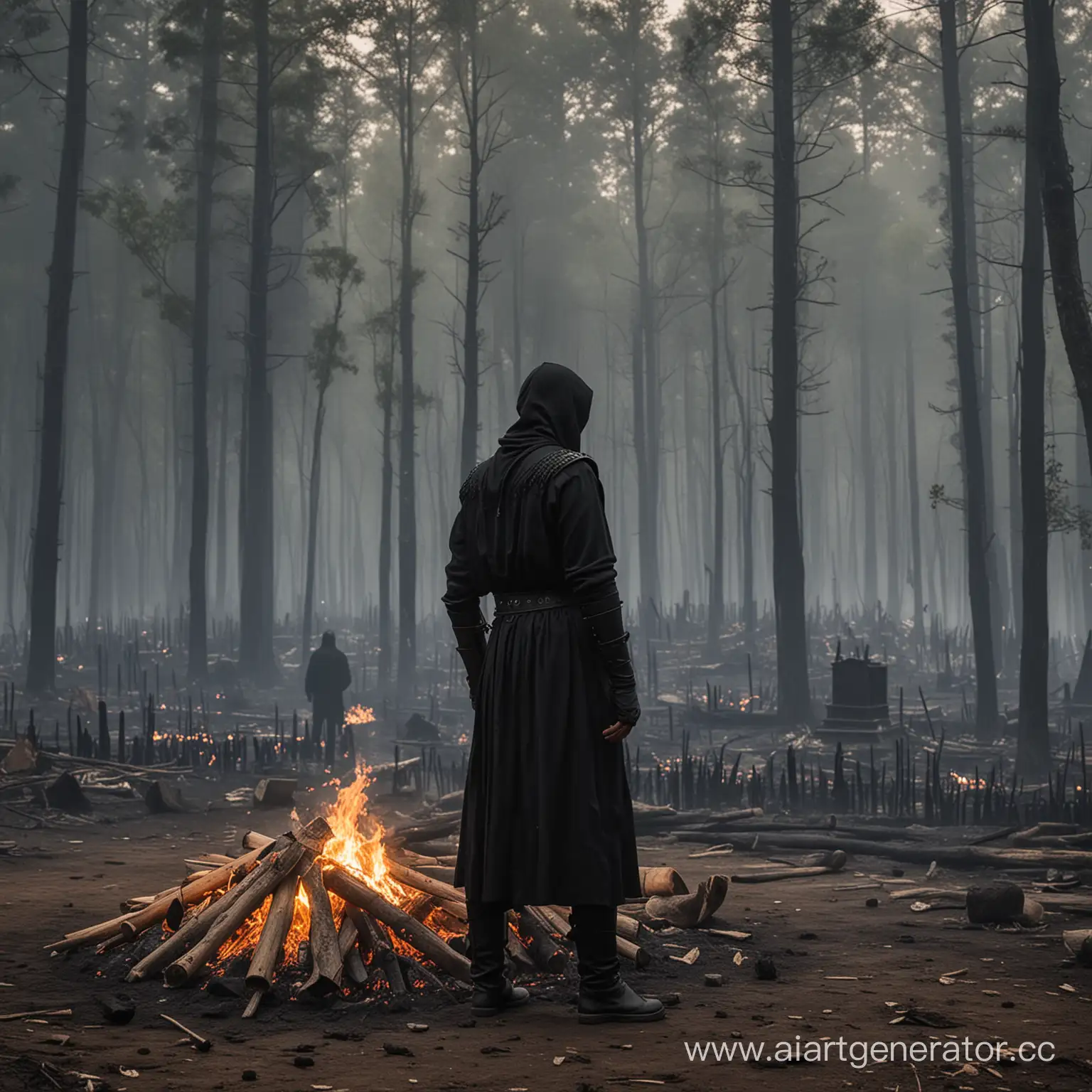 Воин в чёрных одеяниях стоит перед погребальным костром рядом с лесом