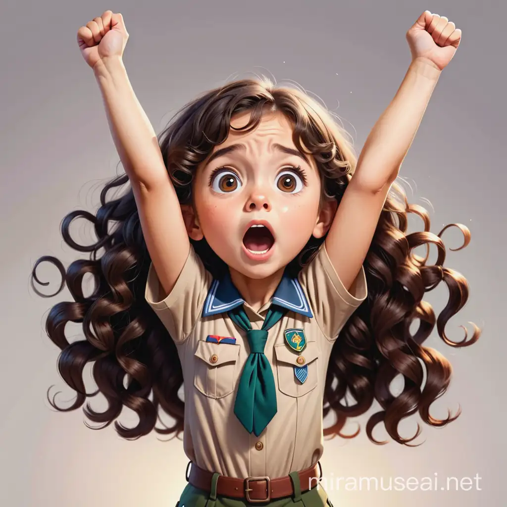 a shocked female kid have 11 years old , have a long curly brown hair , big dark brown eyes, round face, light skin , scout uniform, make her hands raised up as like she were screaming.  cartoon type 