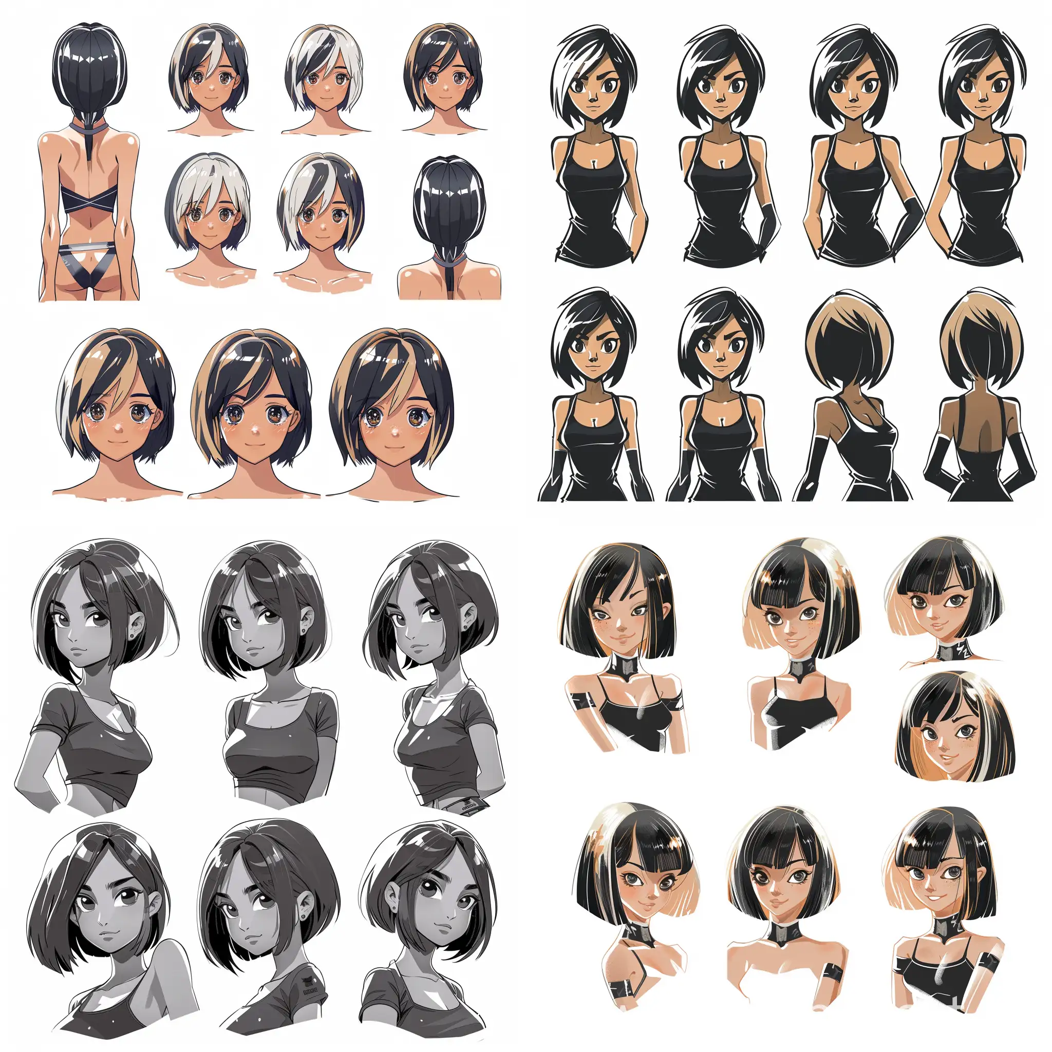 an illustrated character with a storybook style in seven different whole-body postures and gestures. She has short straight hair with blended black and light brown tones. Her eyes medium are expressive, with black irises. The character is wearing simple attire her fit physique, comic art styles. The background is plain white, keeping the focus solely on the detailed character illustration itself.