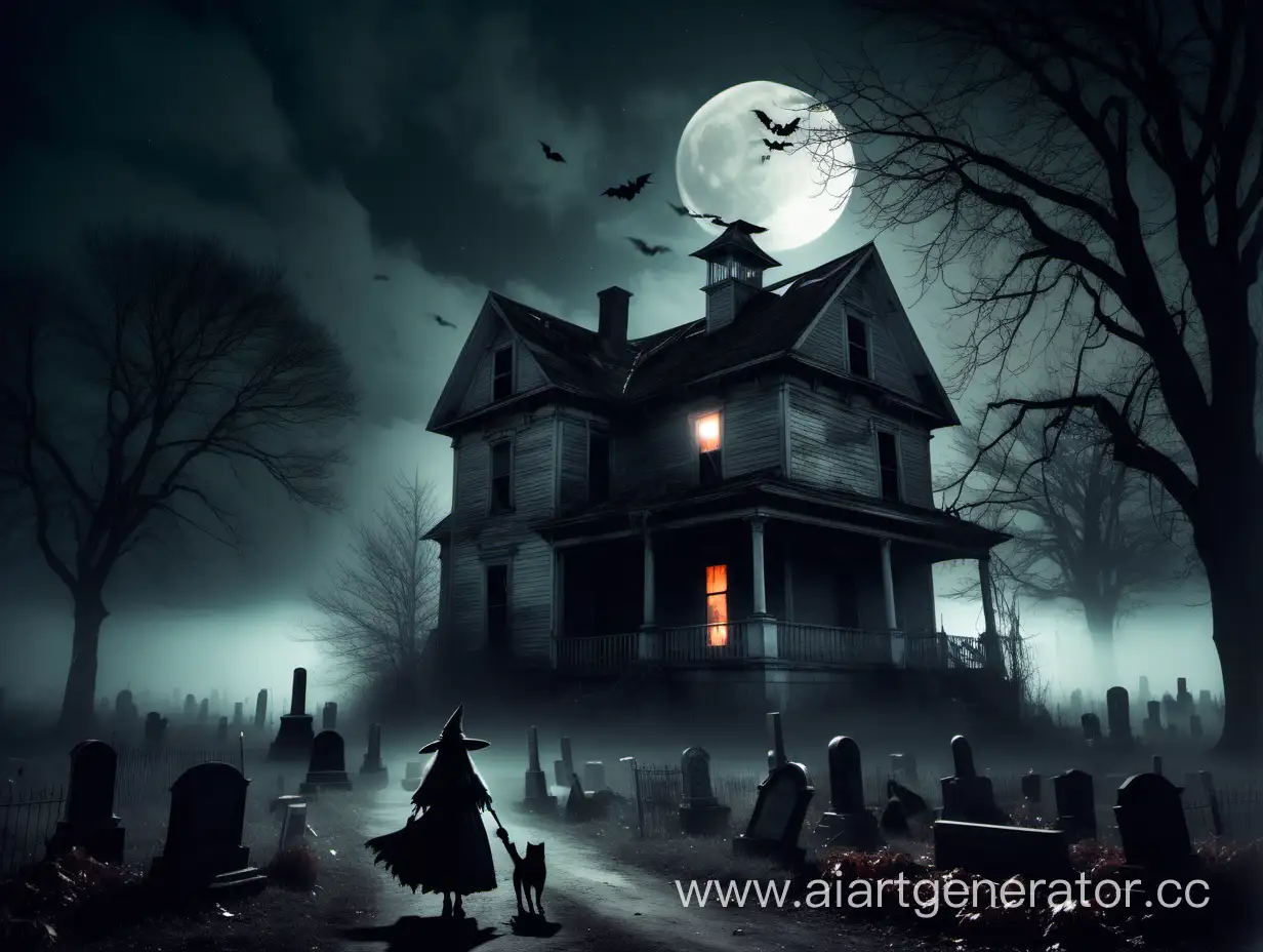 Ночь, полнолуние, туман, ожившая ведьма, мрачный кот и жуткий старый заброшенный дом без света около кладбища