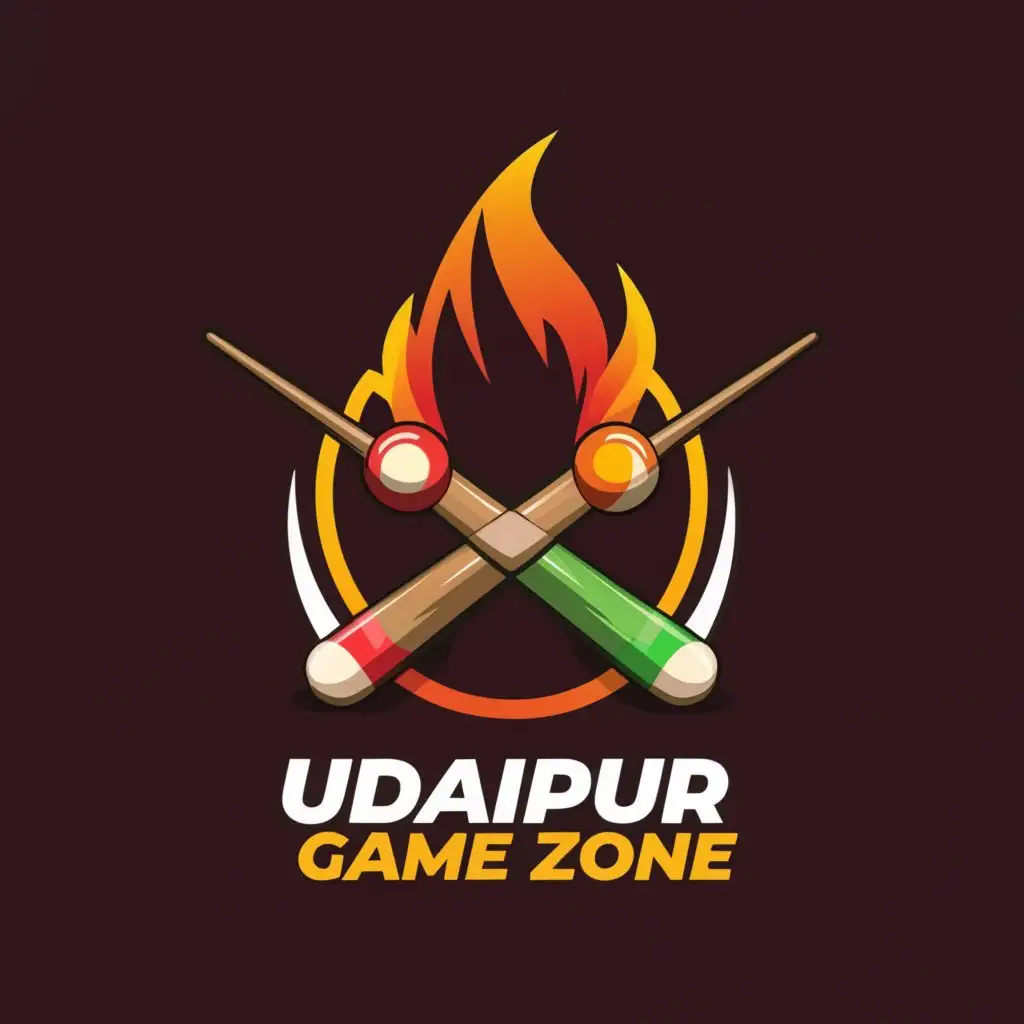 a logo design,with the text "Udaipur Game Zone", main symbol:snooker cue sticks, fireball, game console,Moderate,be used in Events industry,clear background