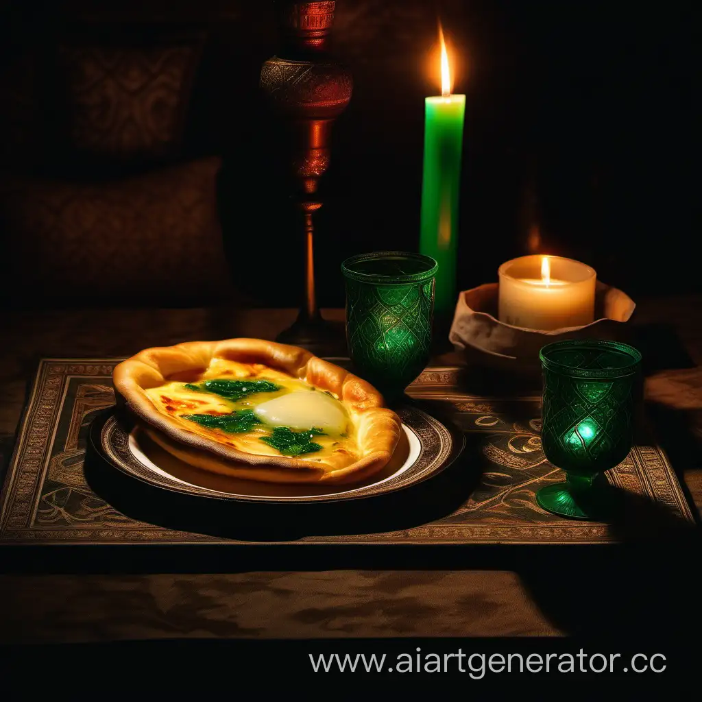 В темной комнате, озаренной светом свечей, на сервировочном столике в тарелке лежит хачапури по-аджарски, а рядом стоит изумрудный бокал с вином