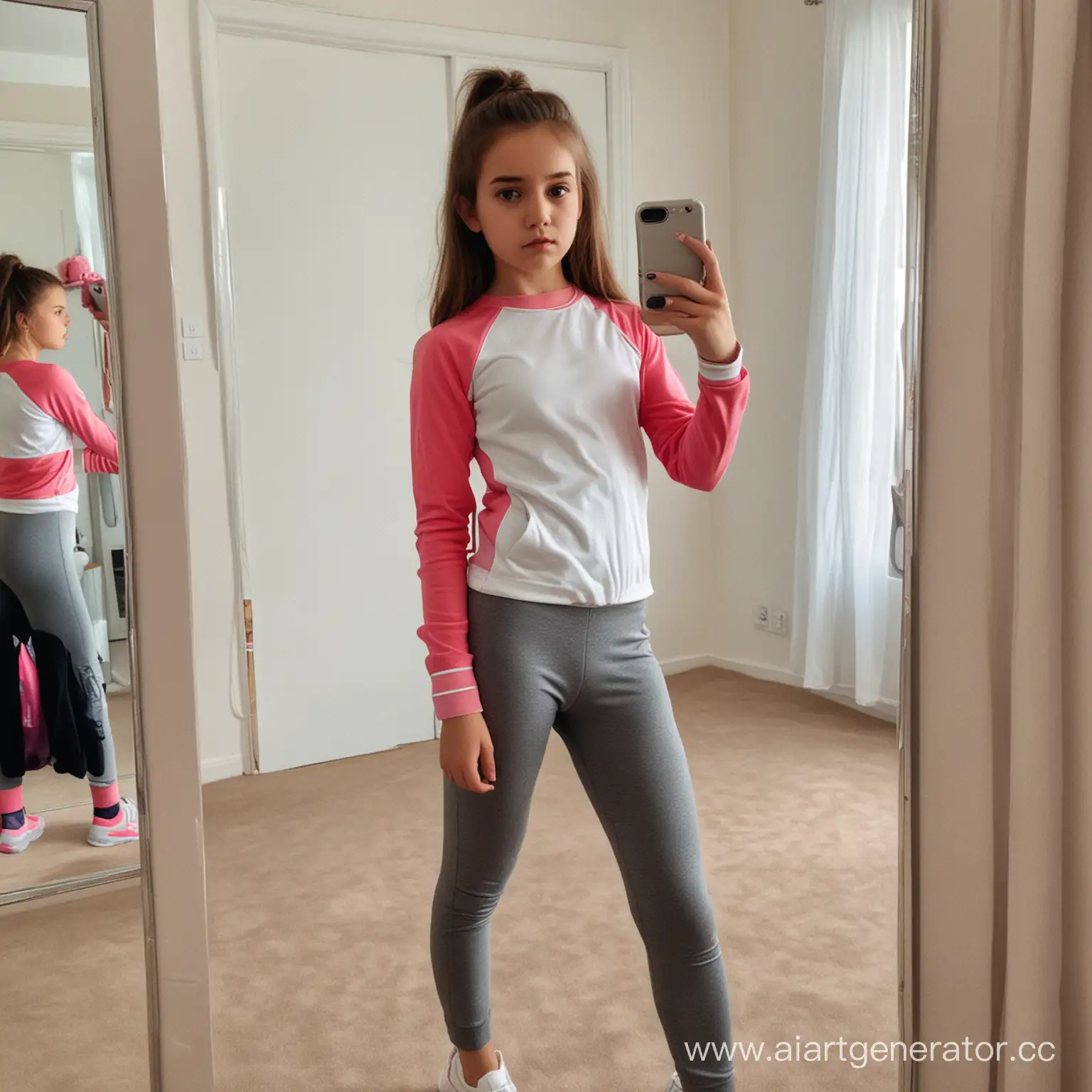 Девочка 12 лет в спортивном костюме делает селфи в зеркале в своей комнате, одета в спортивный топ и леггинсы, Спортивный костюм, леггинсы, без кофты, стоит прямо, злое лицо 