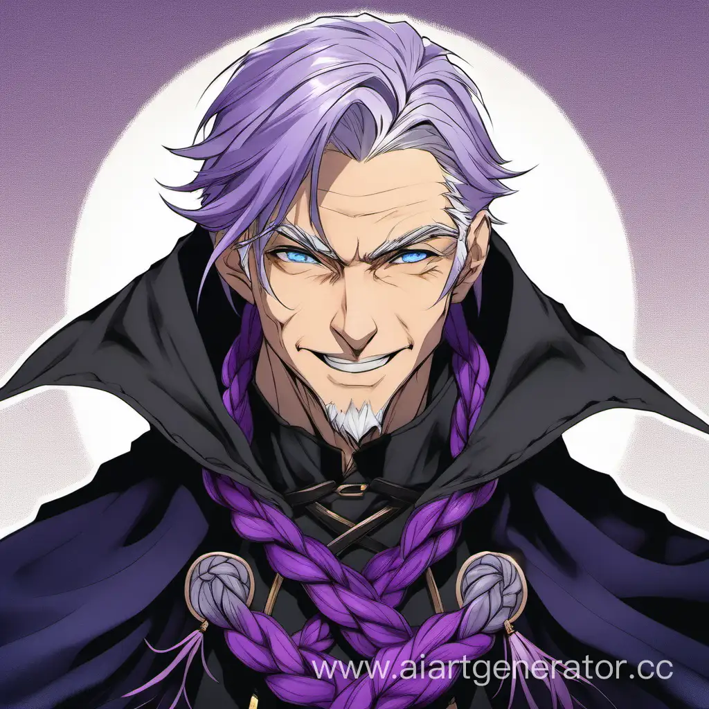 Мужчина, серые волосы, фиолетовые зрачки, две косички перекинутые через плечи, черный плащ, улыбка перетекающая в ухмылку