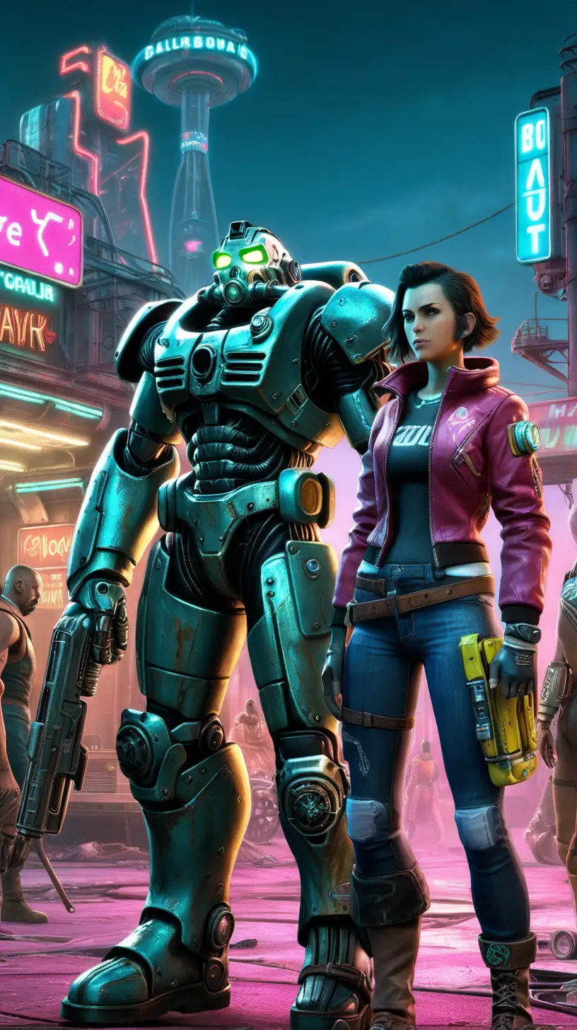 девушка героиня игры Fallout 4, в стиле киберпанк, стоит возле девушки
