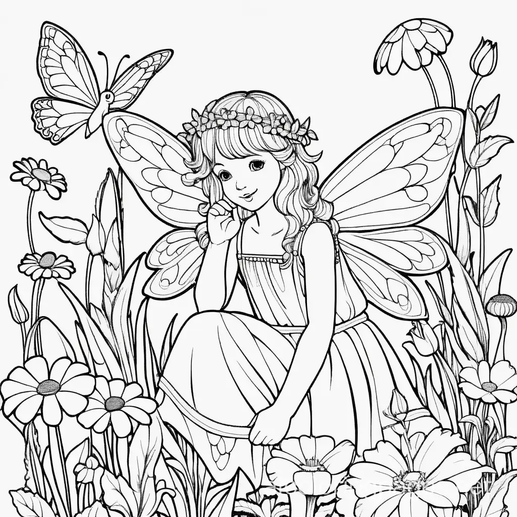 flower fairy in garden, Coloring Page, black and white, line art, white background, Simplicity, Ample White Space. The background of the coloring page is plain white to make it easy for young children to color within the lines. The outlines of all the subjects are easy to distinguish, making it simple for kids to color without too much difficulty