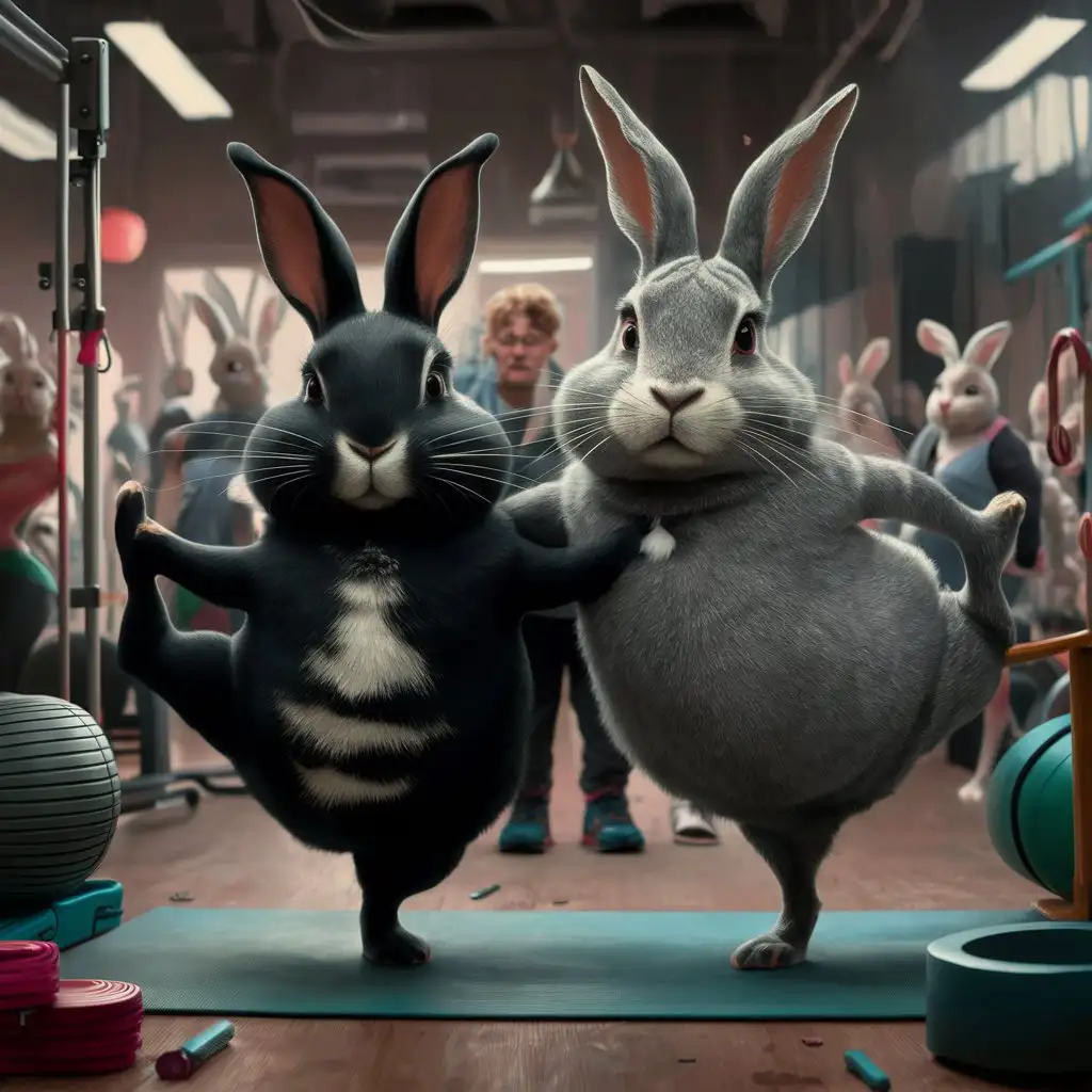 Two rabbits! The first is all black with a prominent white marking running from its chin to the tip of its nose down its belly. The second is a gray rabbit slightly larger than it, with drooping and perked up ears. They're practicing Pilates together in a bustling gym