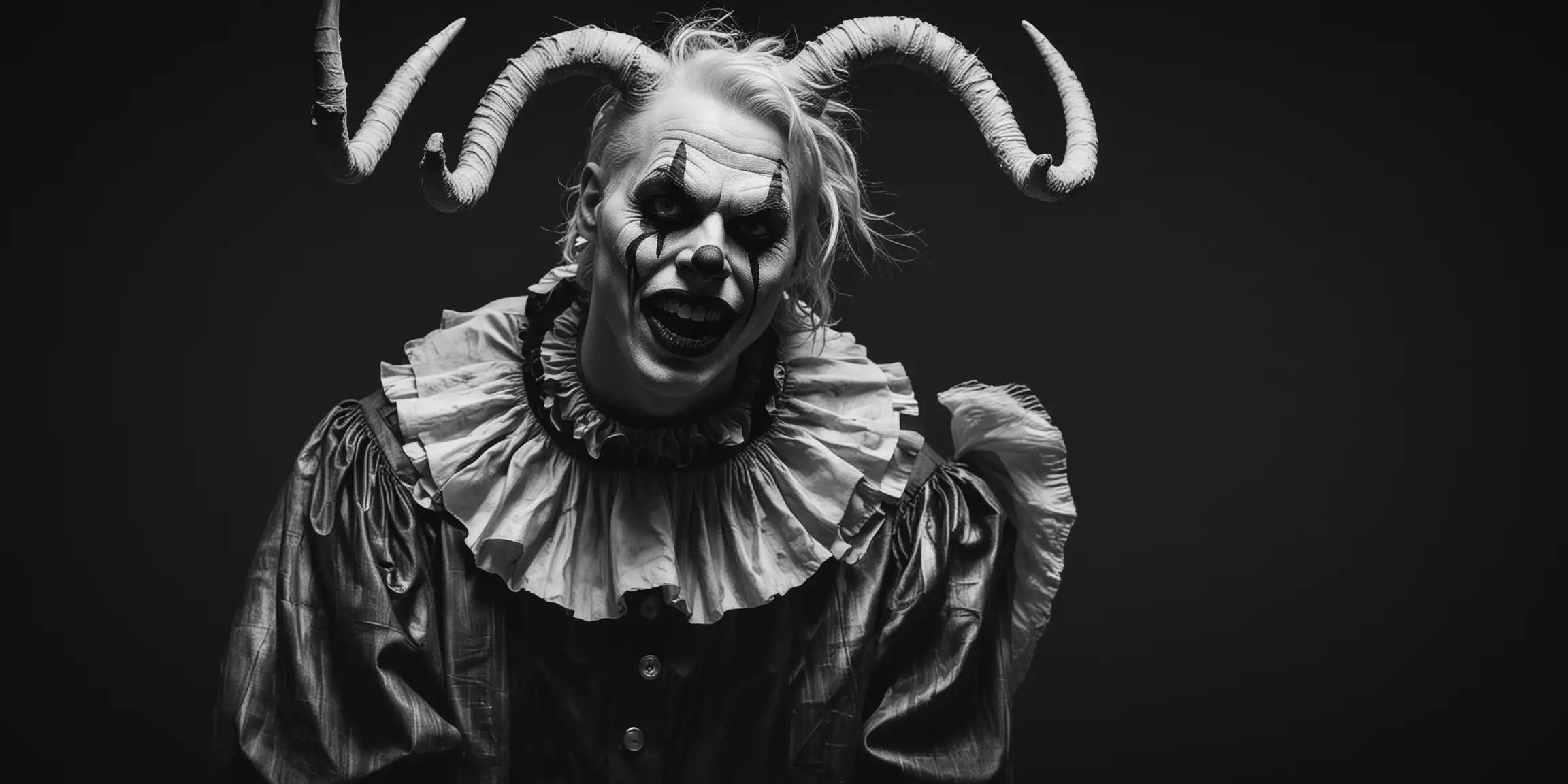Surreal Portrait Dark Clown with Long Wavy Horns and Creepy White Face Paint